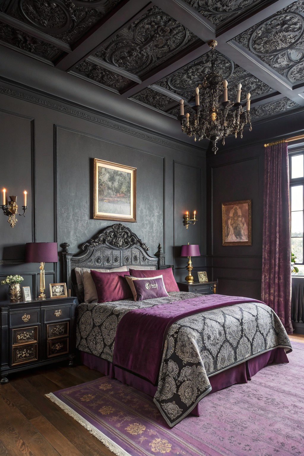 Moody bedroom with deep charcoal gray paneled walls, purple bedding on ornate black bedframe, chandelier overhead, and gold accents