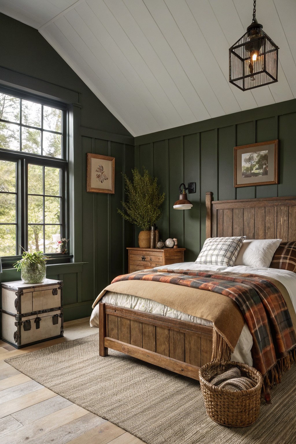 Bedroom interior with deep green paneled walls, wooden bed frame, plaid bedding in warm tones, and large window overlooking trees