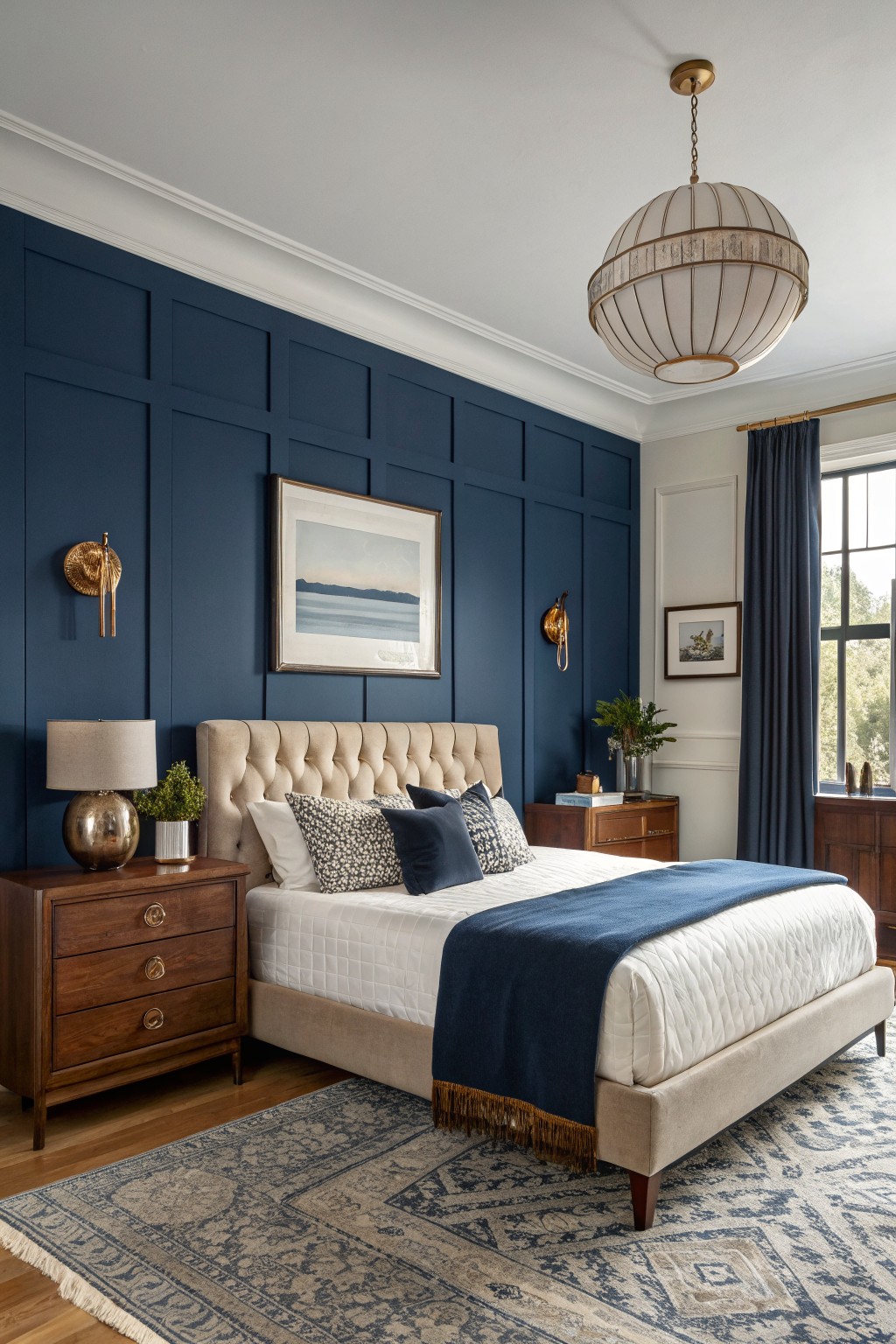 Cozy bedroom featuring a deep navy board-and-batten accent wall behind a cream upholstered bed, flanked by wood nightstands with lamps, navy drapes on the window, and a large drum pendant light overhead