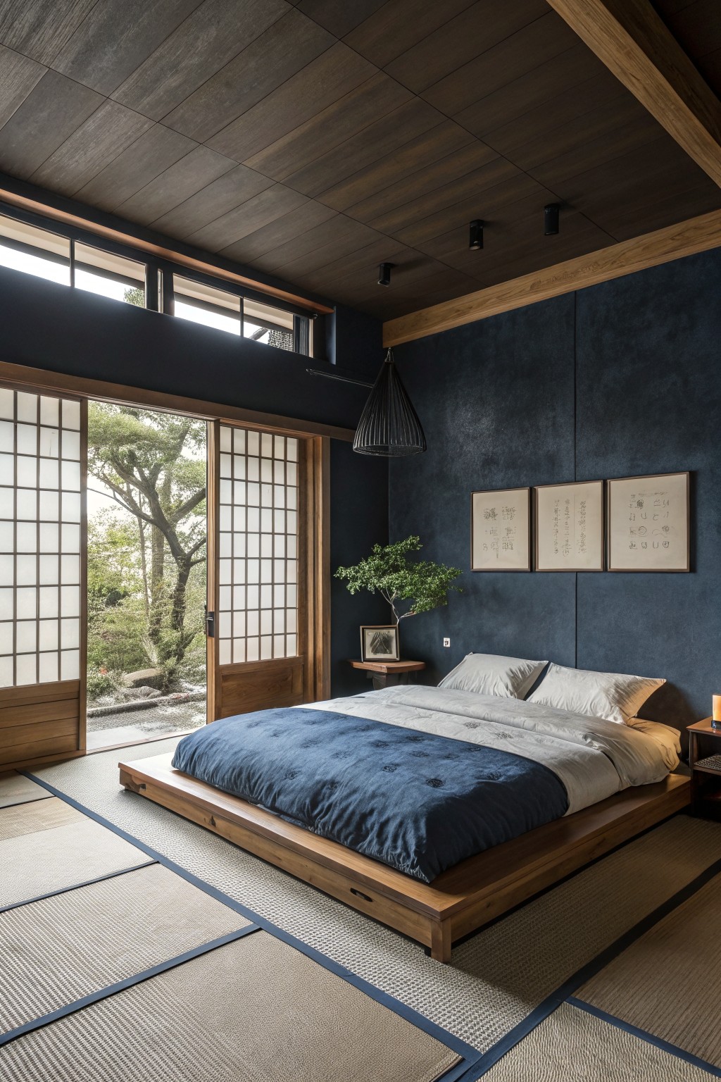 Bedroom with deep navy textured walls, low wooden platform bed draped in navy and white linens, open shoji doors to garden view, bonsai plant, and warm wood ceiling beams