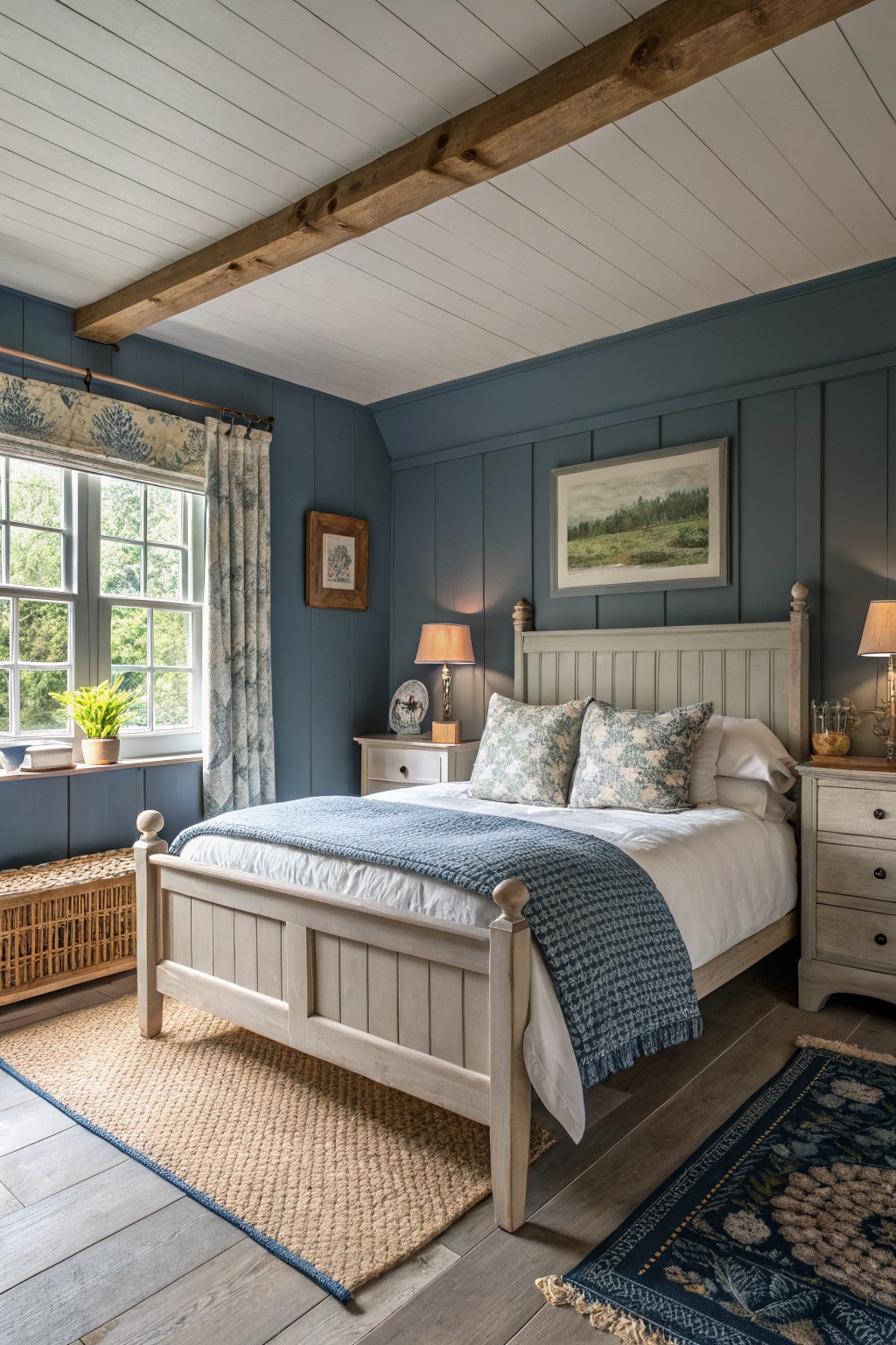 Cozy bedroom with deep navy blue paneled walls, white wooden bedframe, and natural wood beams
