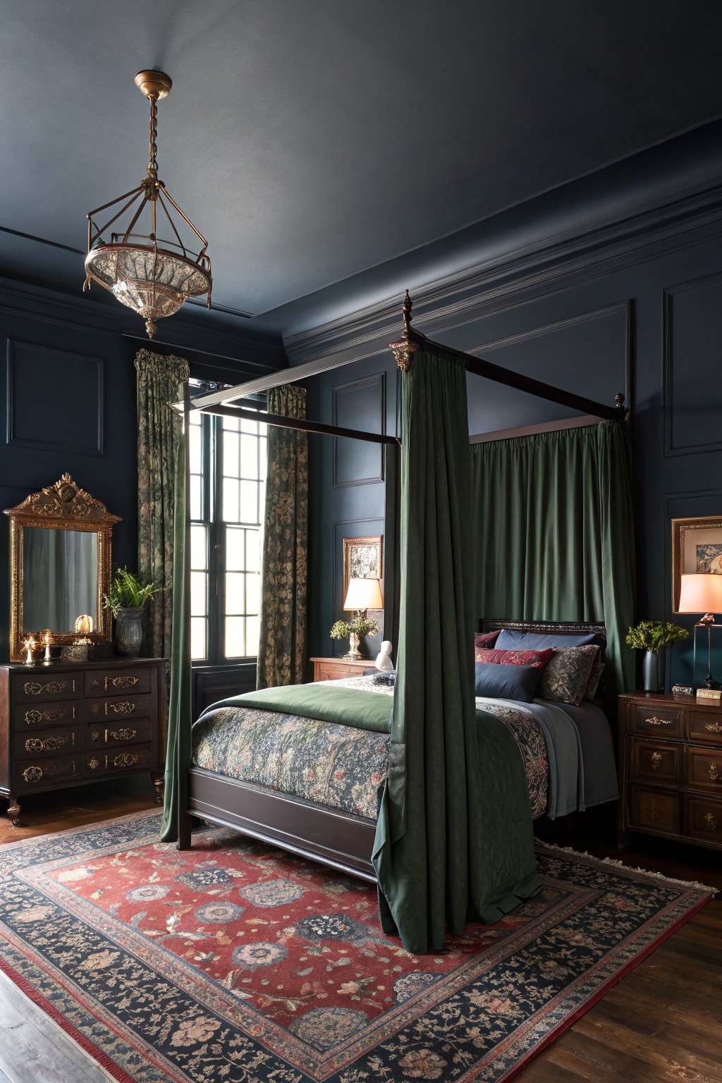 Bedroom with deep navy walls, emerald green canopy bed, antique wood furniture, and red oriental rug under brass chandelier