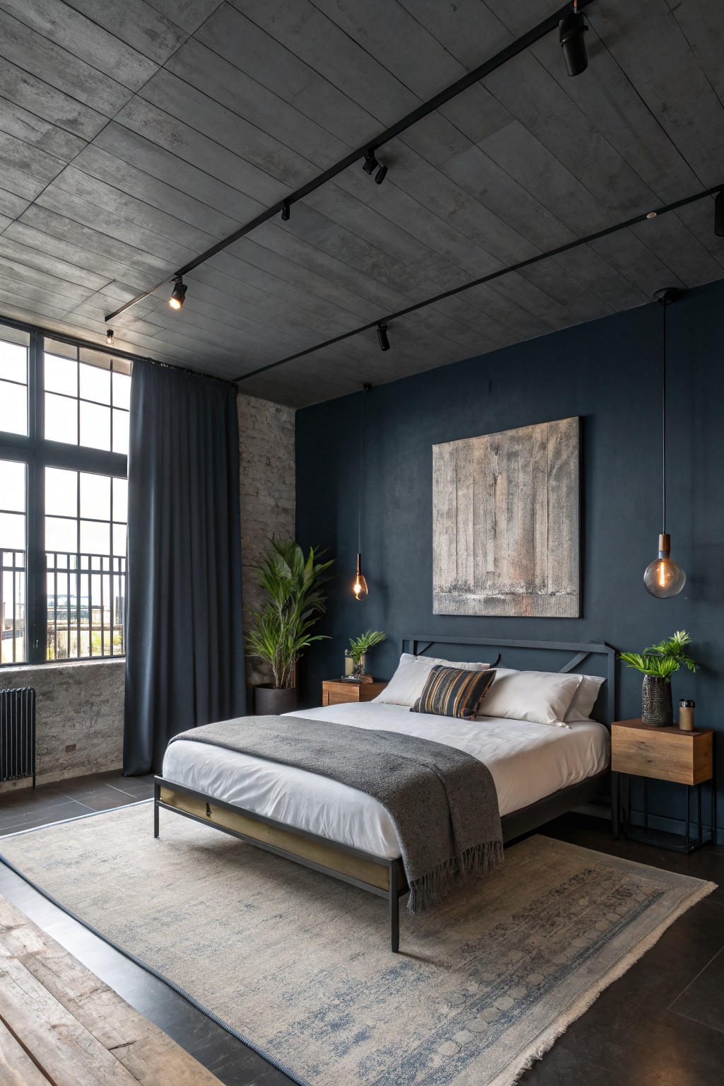 Bedroom with deep navy accent wall next to exposed brick, black metal bed frame on a patterned rug, potted plants, and warm pendant lights