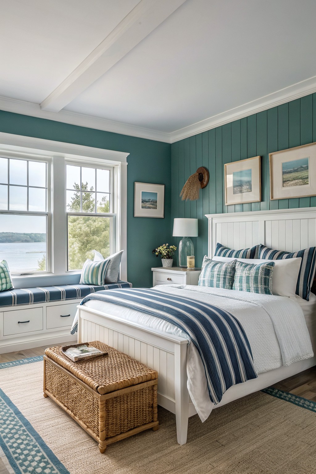 Bedroom featuring deep teal shiplap walls with white paneled bedframe and window seat overlooking water