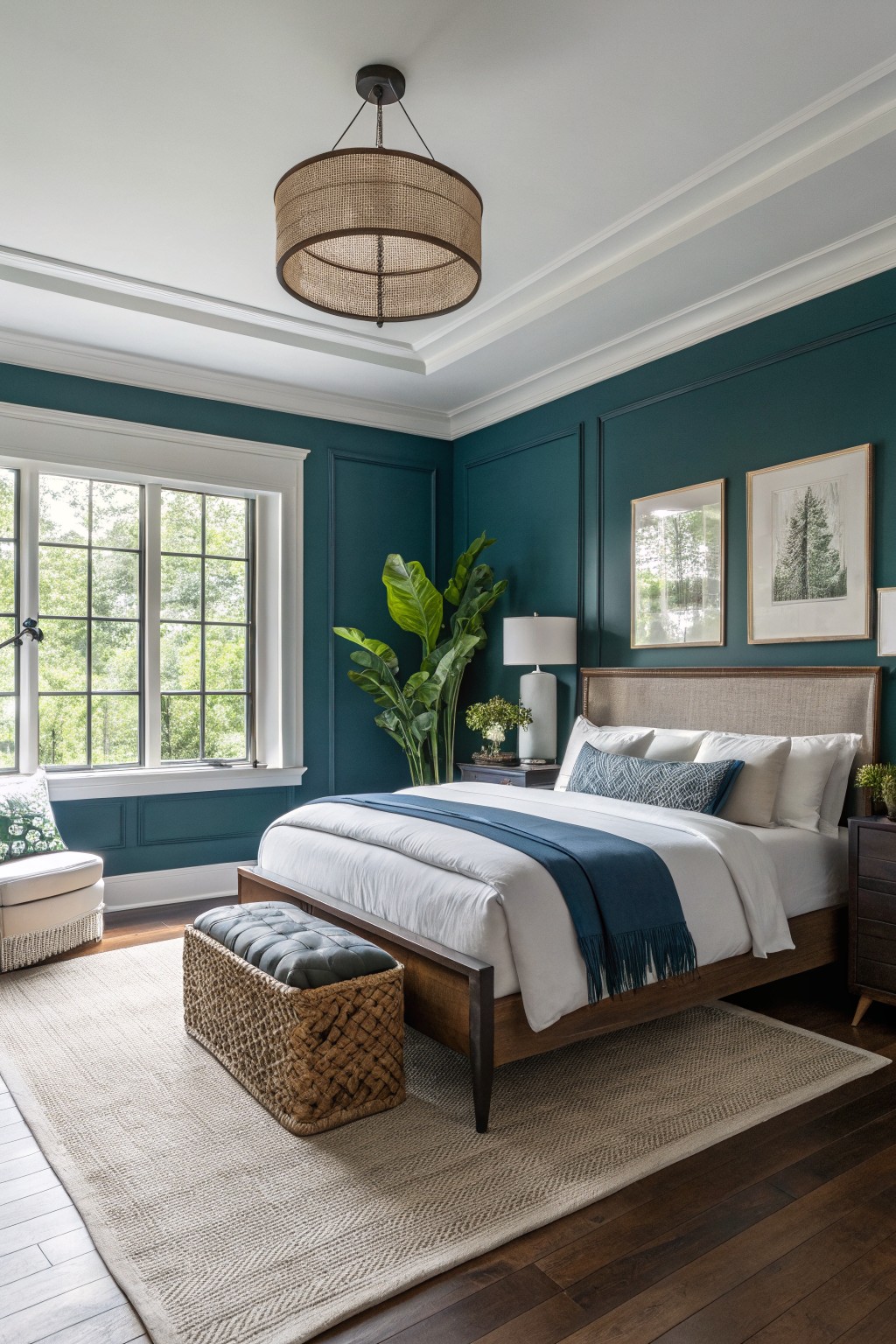 Cozy bedroom with deep teal paneled walls, upholstered bed in neutral tones, wicker bench, potted plants, and large window with natural light