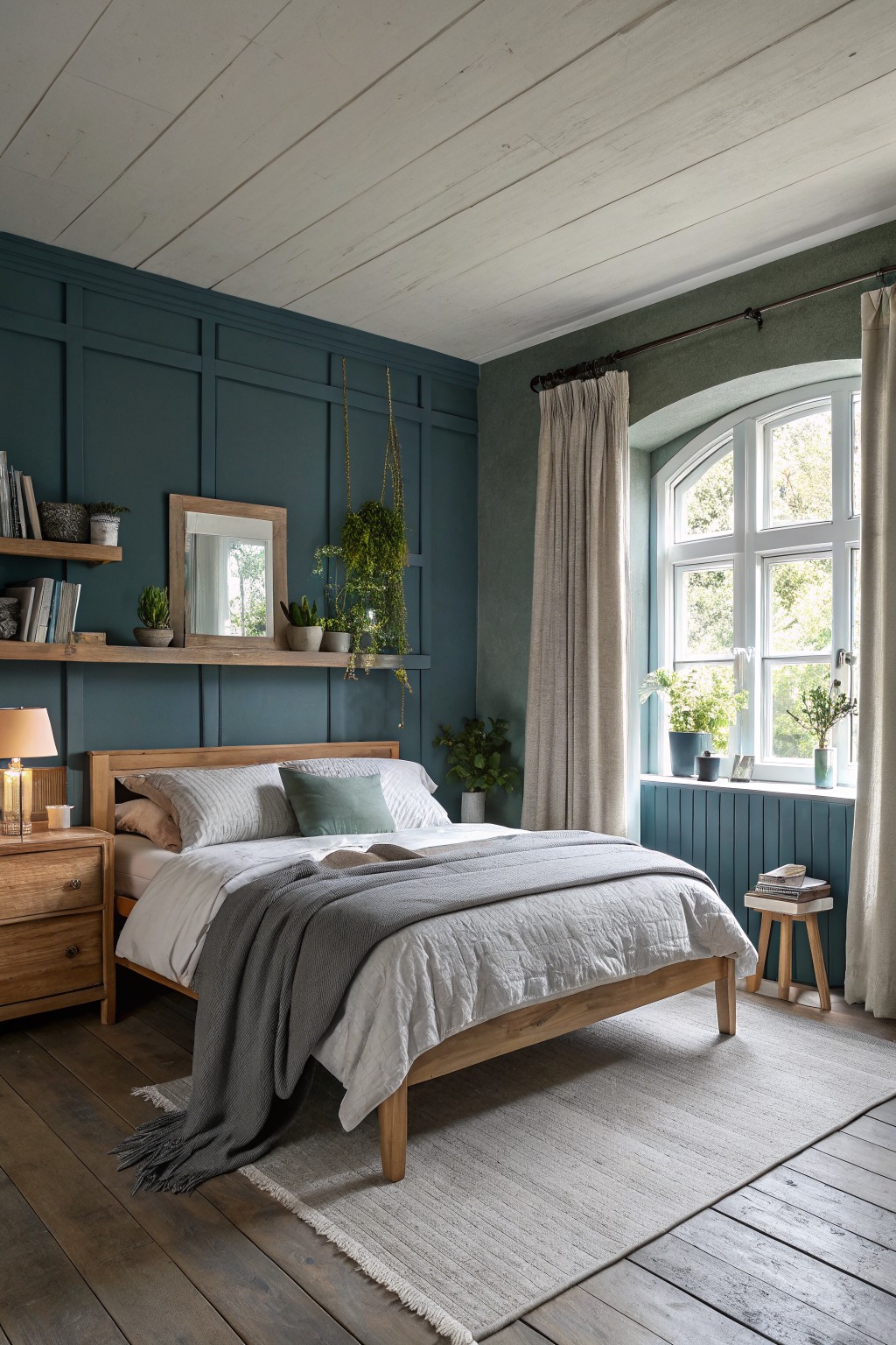 Cozy bedroom featuring deep teal paneled walls, oak bed with white linens and gray throw, wooden nightstand, potted plants, and arched window with cream curtains