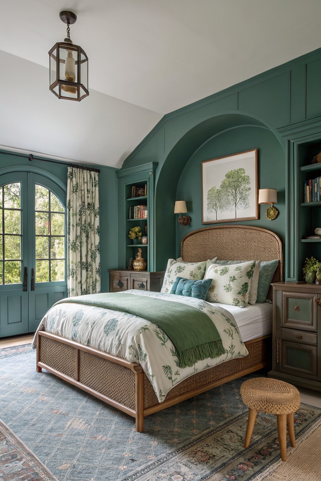 Bedroom with deep teal green paneled walls, arched doorways, rattan bed, and layered textiles