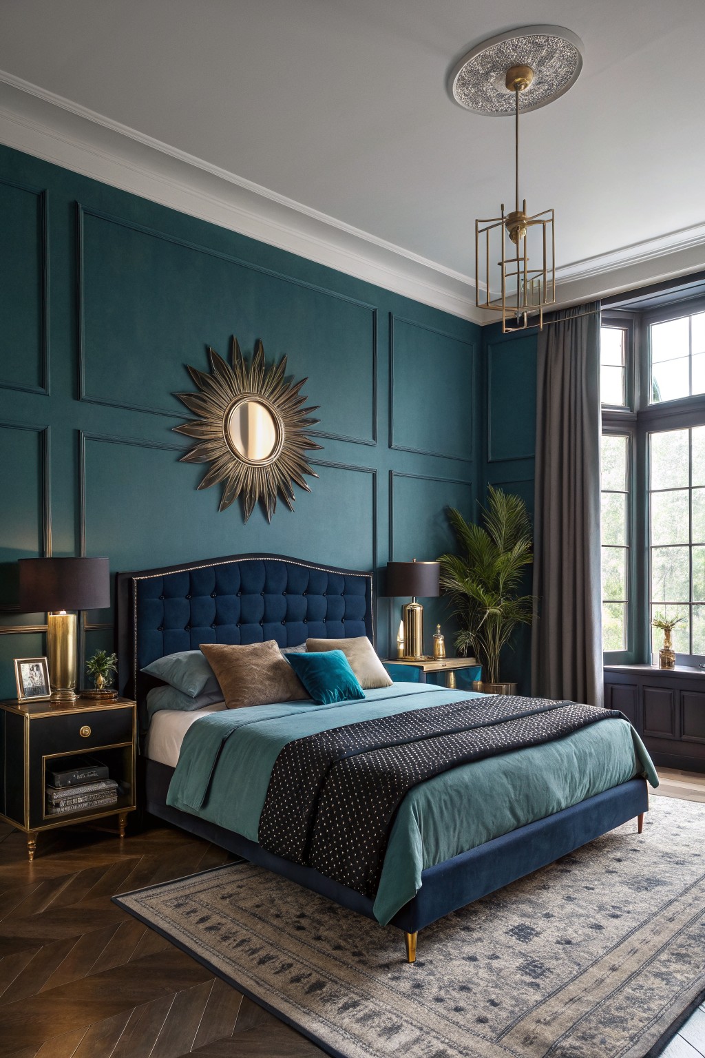 Luxurious bedroom with deep teal paneled walls, navy velvet upholstered bed, gold accents, potted plants, and hardwood floors under a patterned rug