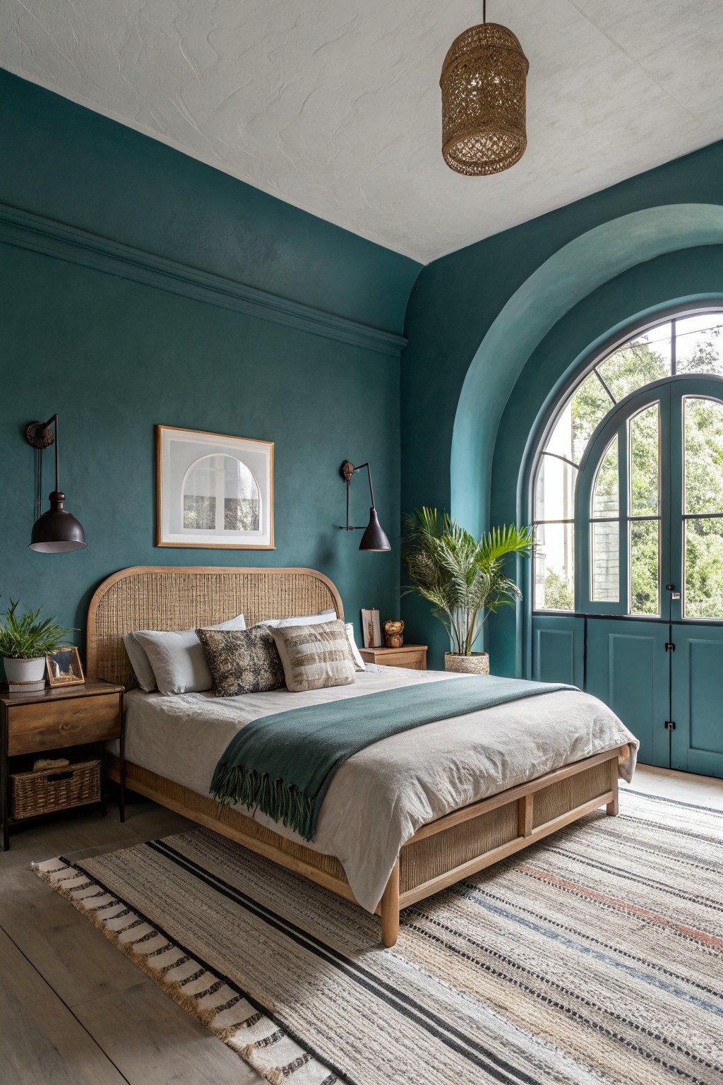 Bedroom with deep teal walls wrapping an arched window, rattan bed frame, wood nightstands, and layered textiles