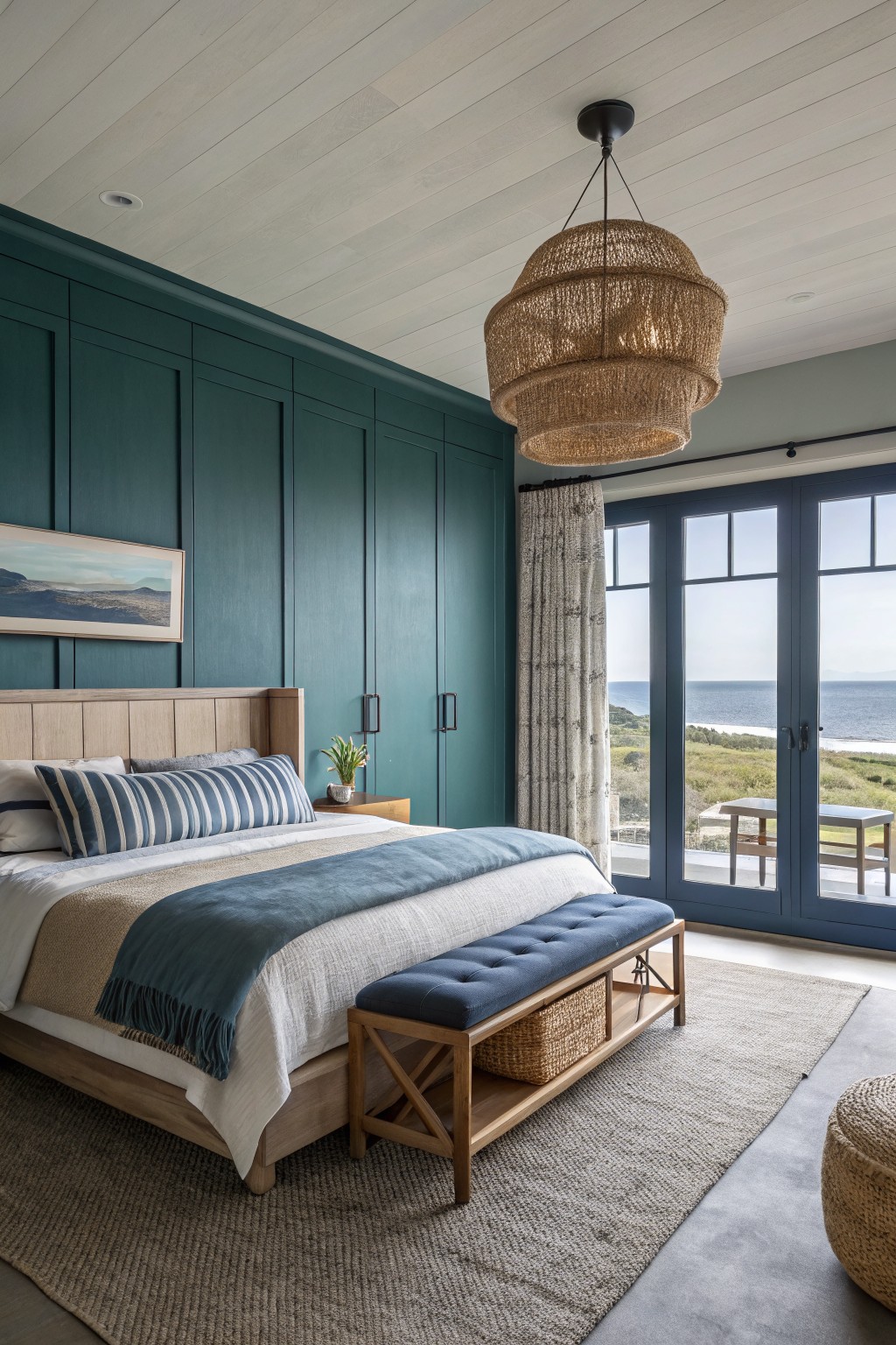 Bedroom with deep teal paneled accent wall, woven pendant light over wood bed with striped pillows and throw blankets, blue bench, seagrass rug, and glass doors to ocean deck