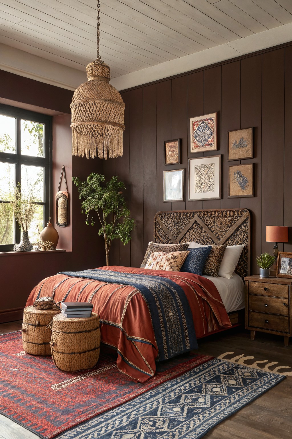 Cozy bedroom featuring deep warm brown paneled walls, carved rattan headboard, layered colorful rugs, and woven side tables