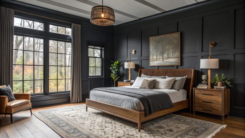 Moody bedroom featuring deep charcoal gray walls, warm wood bed frame, rattan pendant light, potted plants, and neutral area rug