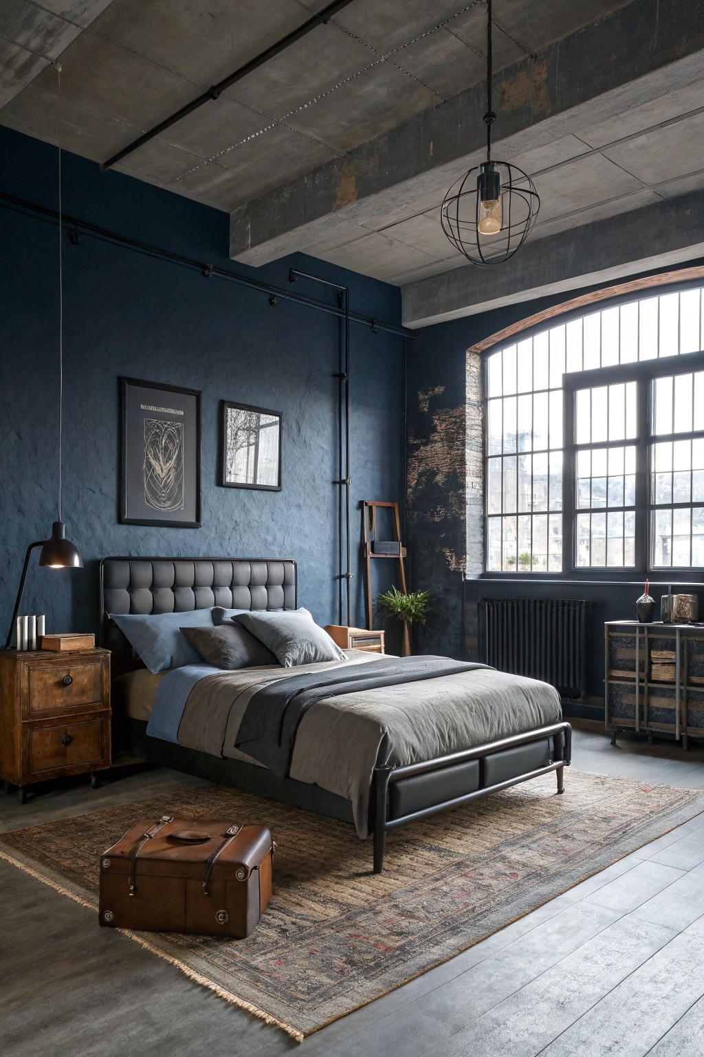 Moody industrial bedroom with deep navy textured walls, black metal bed frame, wood side tables, and large factory-style window