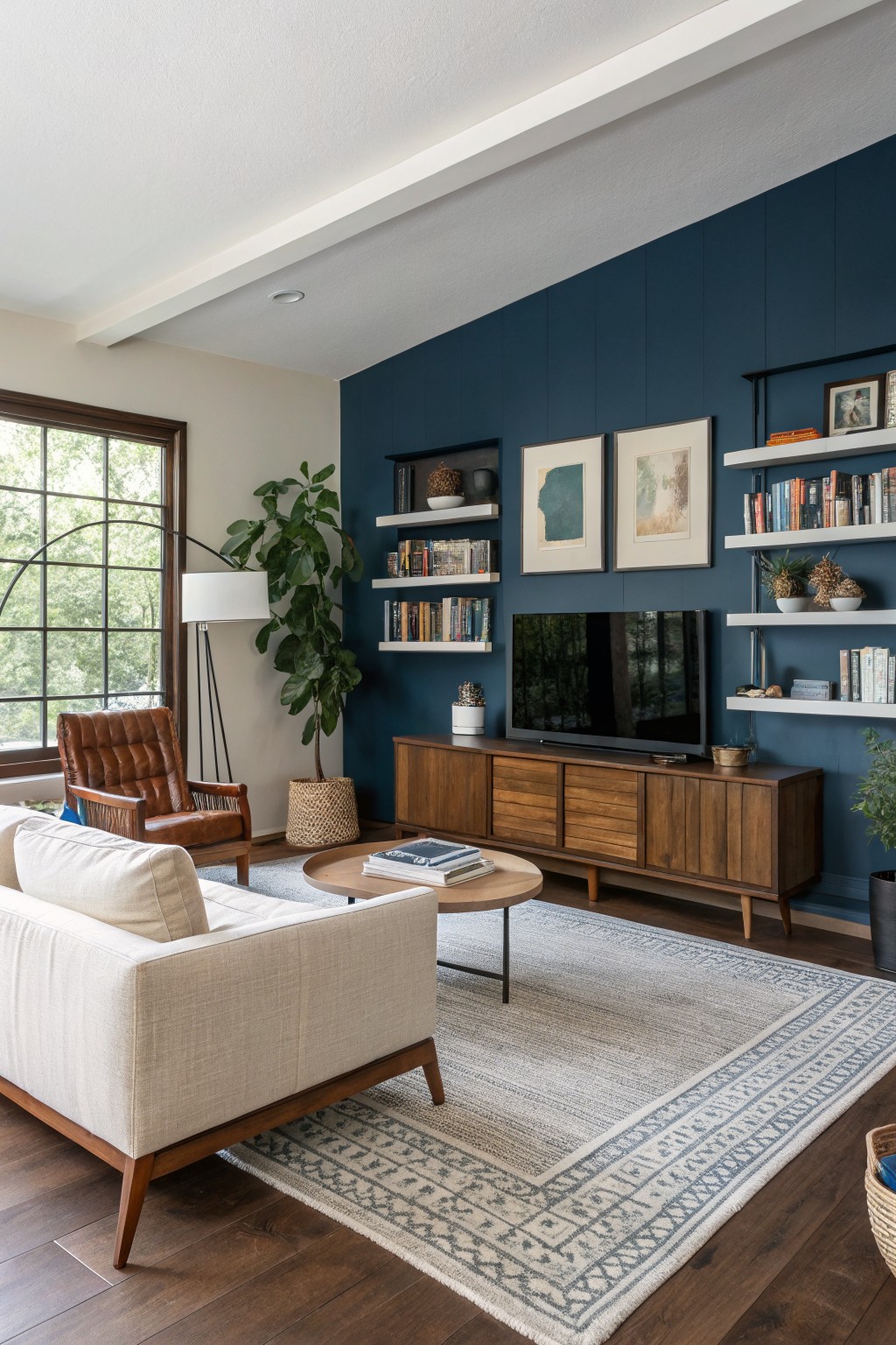 Cozy living room featuring a deep navy accent wall with floating shelves, wood media console under a TV, white sofa, tan leather chair, potted plants, and hardwood floors