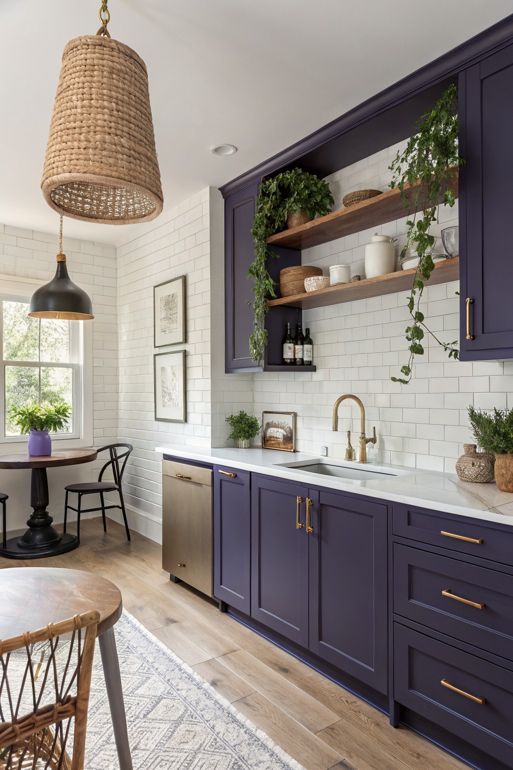 Modern kitchen with deep purple lower and upper cabinets, white subway tile backsplash, brass hardware, woven pendant lights, and green plants on open shelves