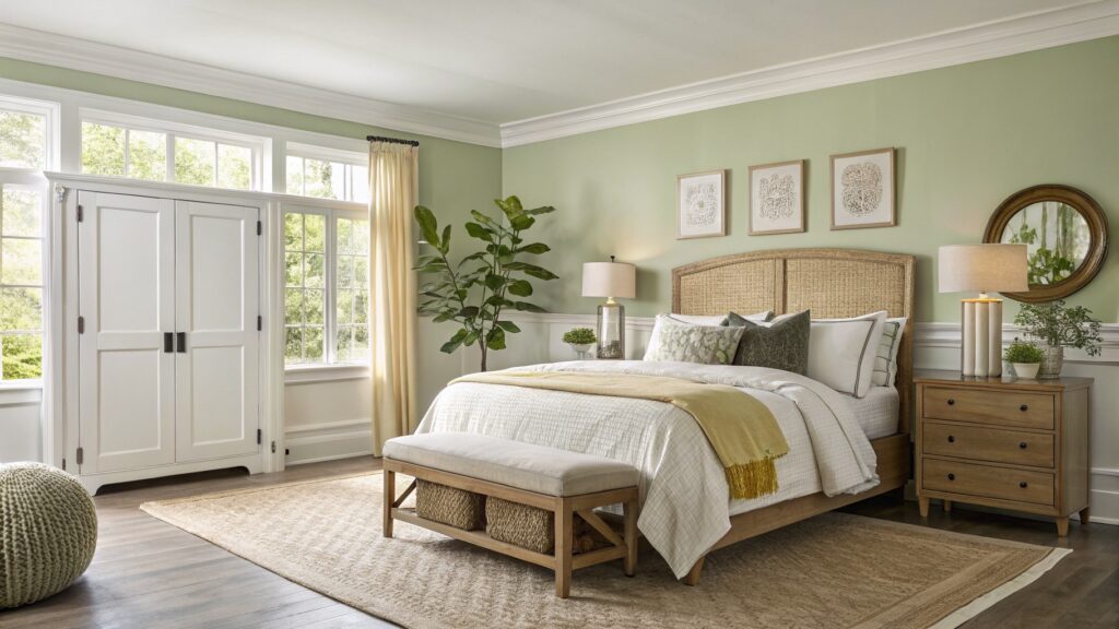 23 Fresh 2026 Interior Paint Colors Predicted To Shine Bedroom with pale sage green paneled walls, rattan bedframe, beige linens, and arched doors to garden