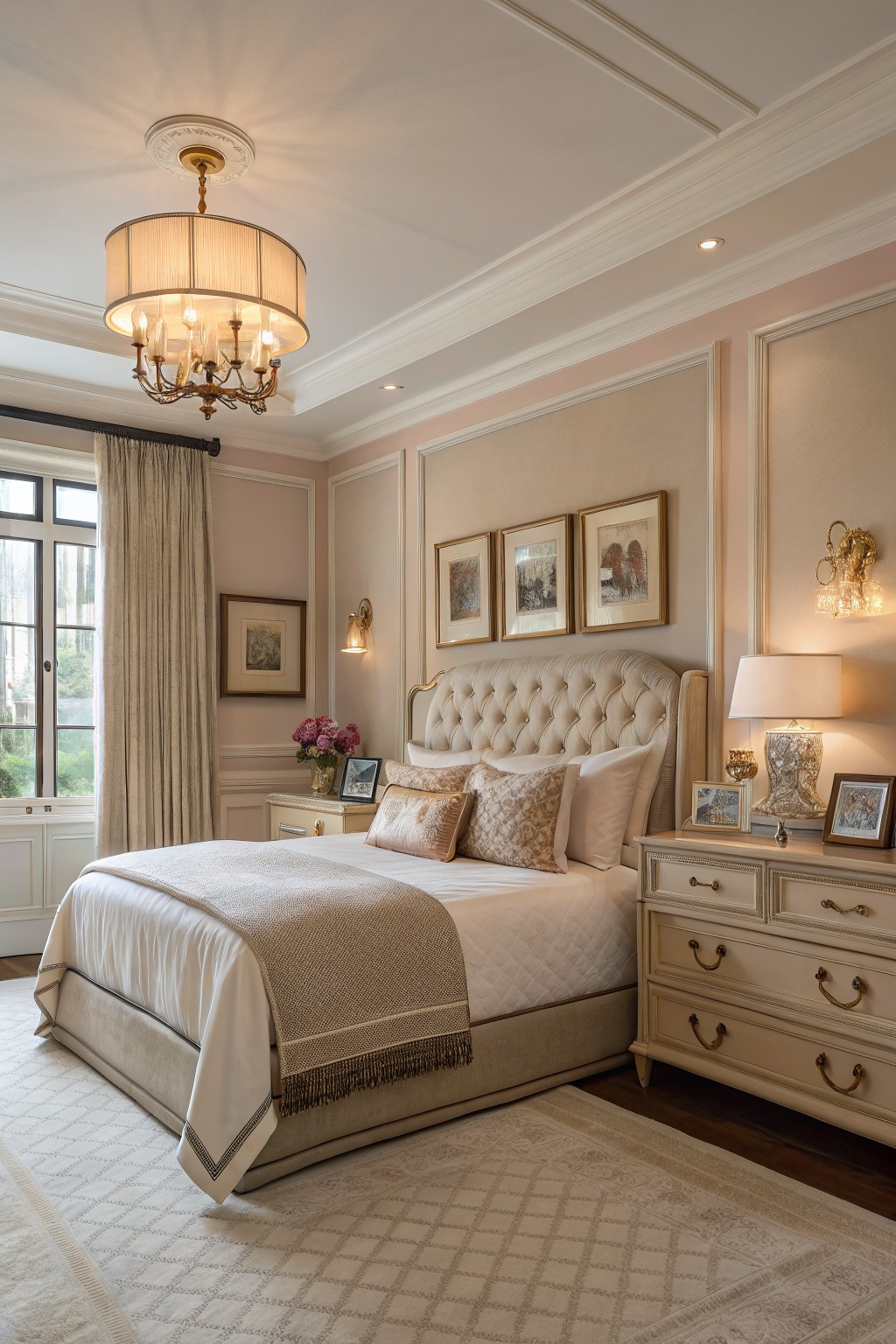Elegant bedroom with pale blush pink walls, tufted cream bed, gold chandelier, and soft lighting