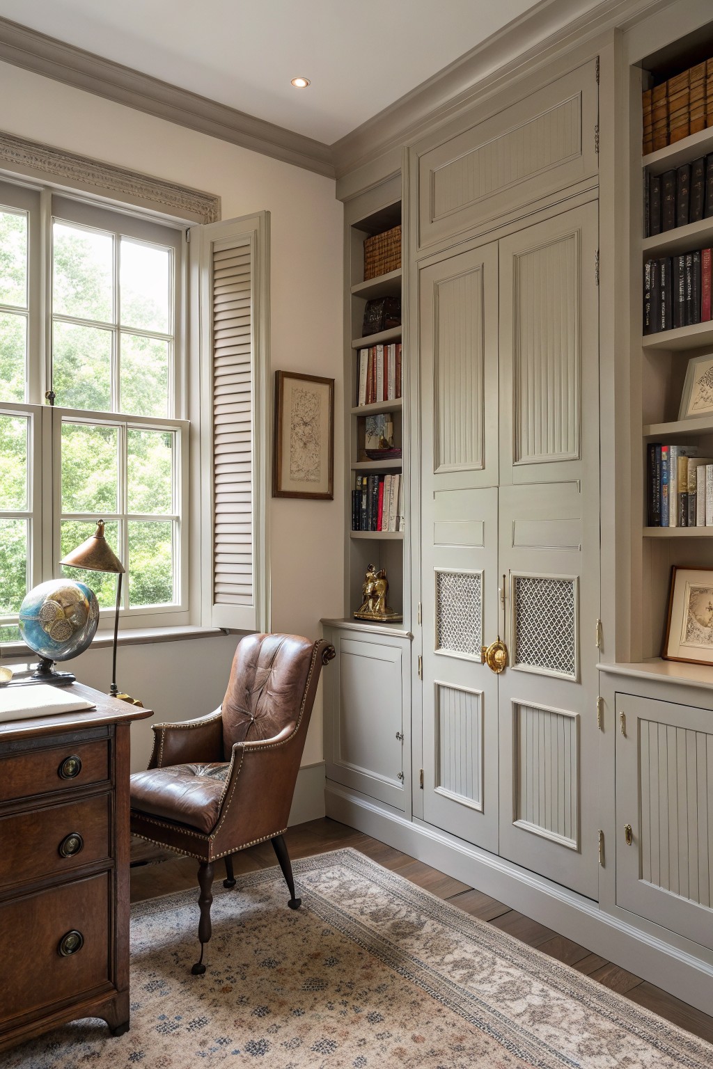 Home study with pale greige built-in cabinets and bookshelves, antique wooden desk, leather armchair, brass globe lamp, and window with trees outside