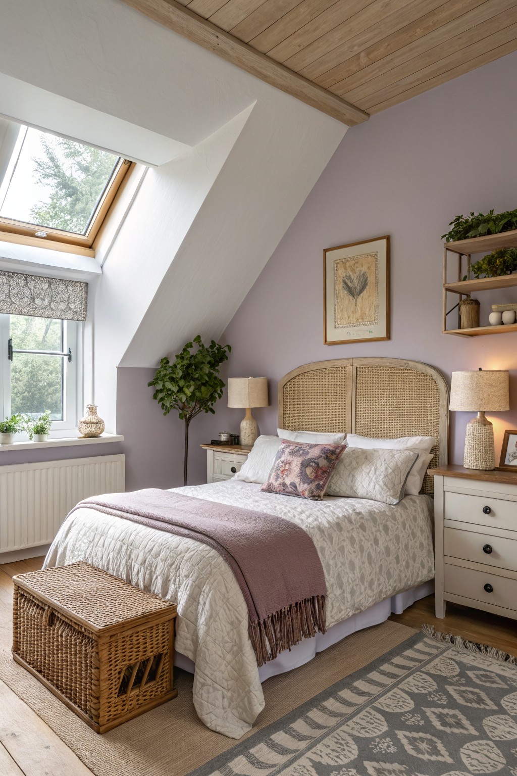 Attic bedroom with pale lavender walls, rattan headboard, wood-beamed ceiling, skylight, plants, and woven accents