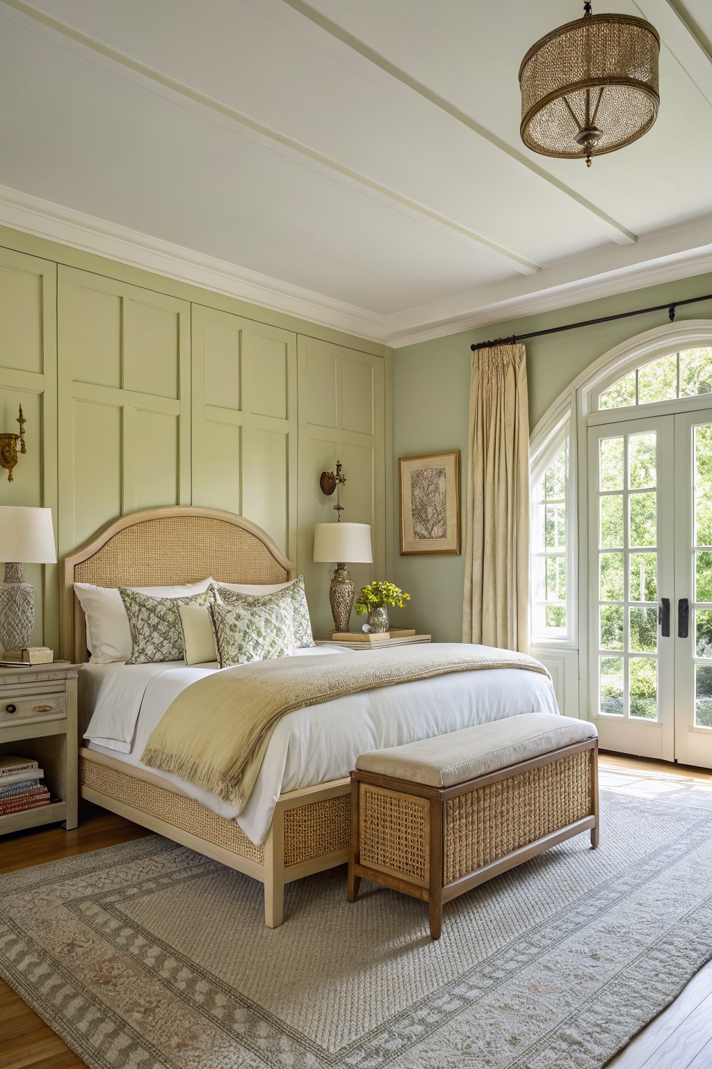 Bedroom with pale sage green paneled walls, rattan bedframe, beige linens, and arched doors to garden