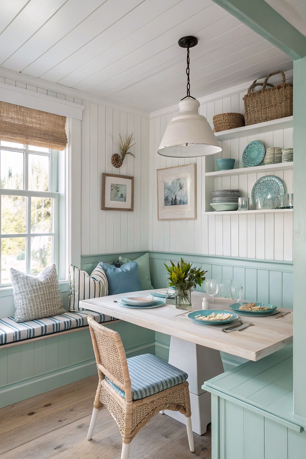 Cozy dining nook with pale seafoam green painted benches and lower walls, white shiplap uppers, rattan chair at a set white wood table, woven baskets and blue dishes on open shelves