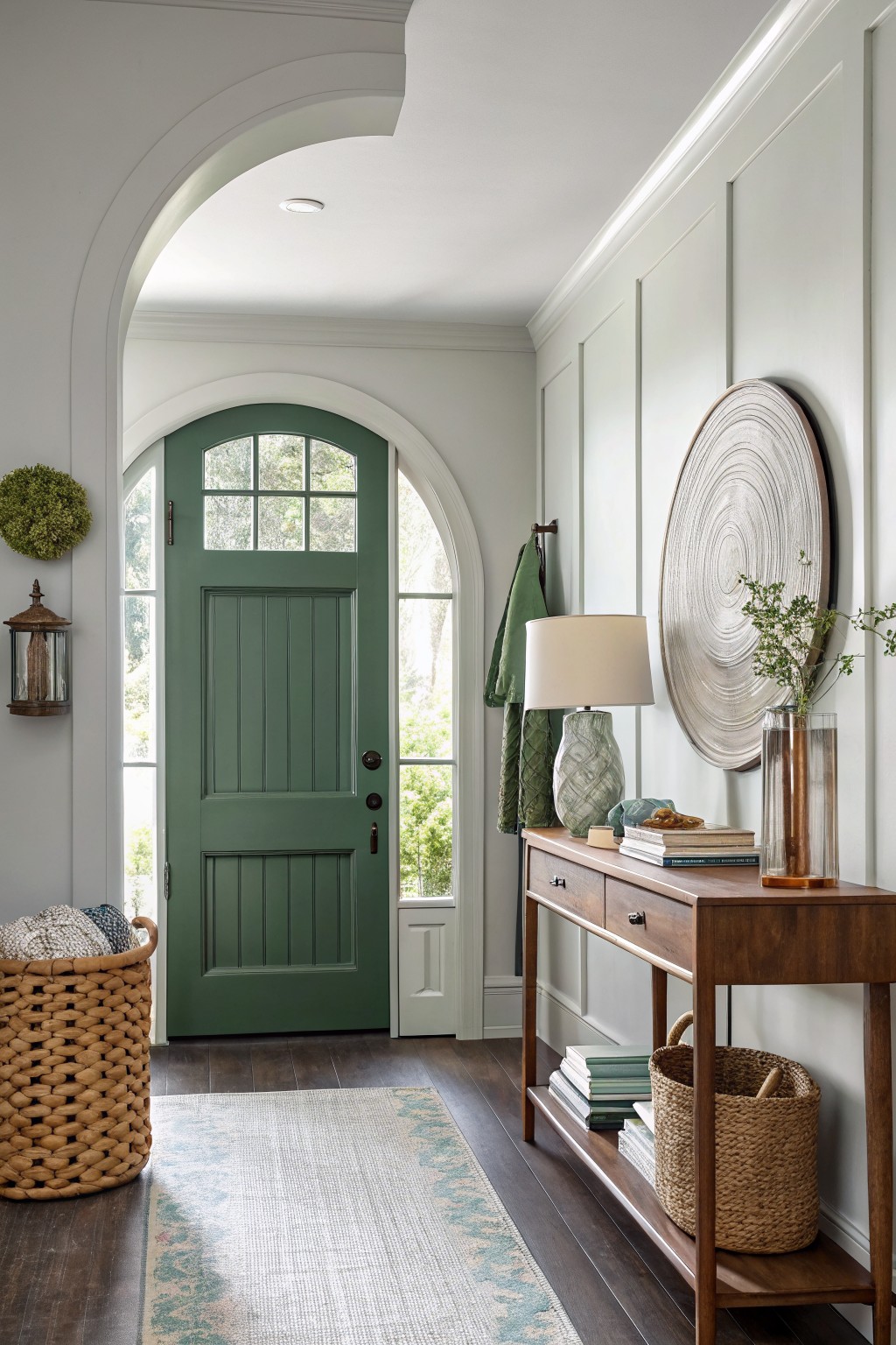Entryway featuring a deep green paneled door under a white archway, flanked by light gray walls, a wood console table with lamp and decor, and a woven basket on dark wood floors