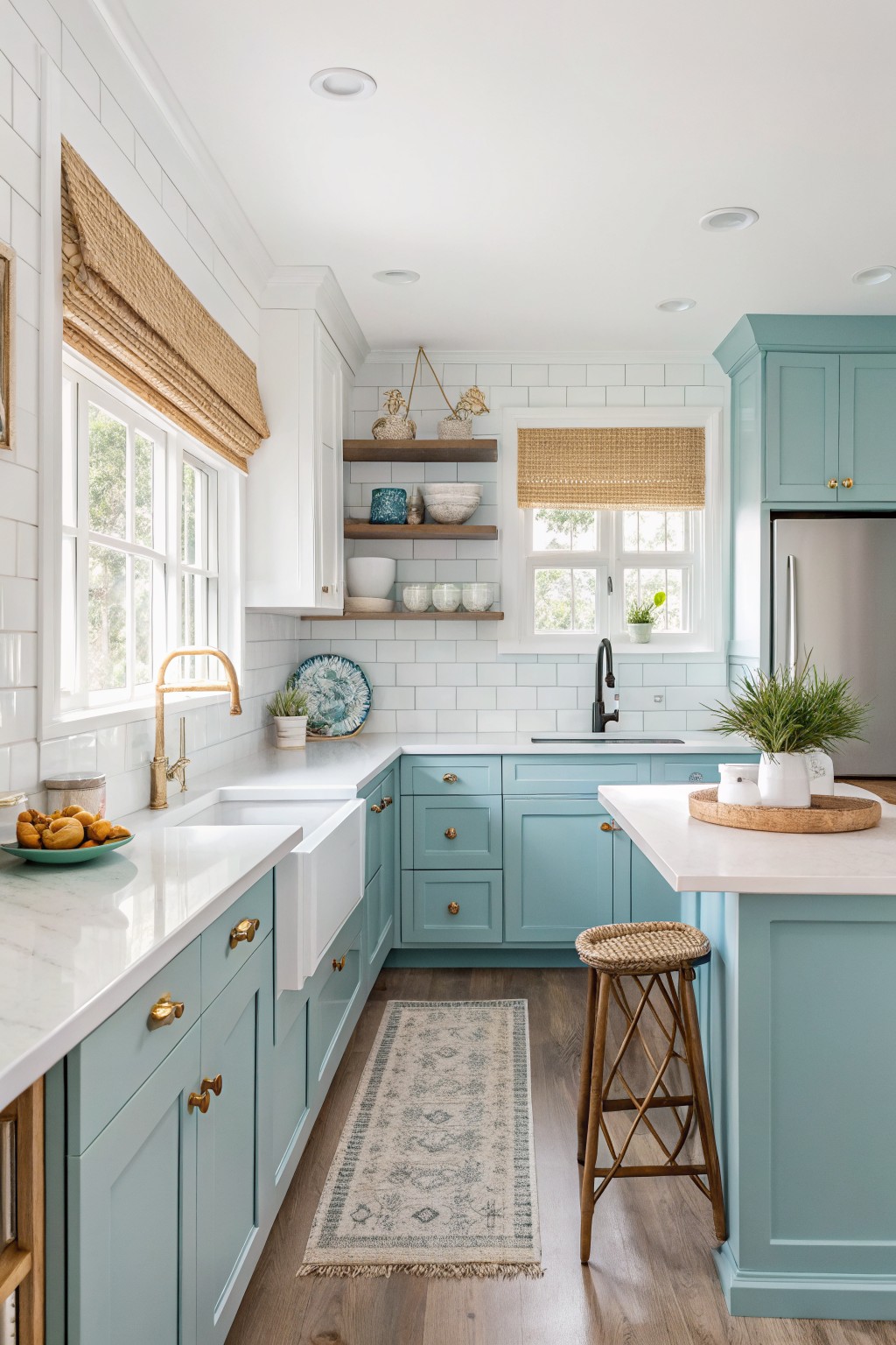 Kitchen with soft aqua cabinets, white subway tile backsplash, marble counters, and wood accents