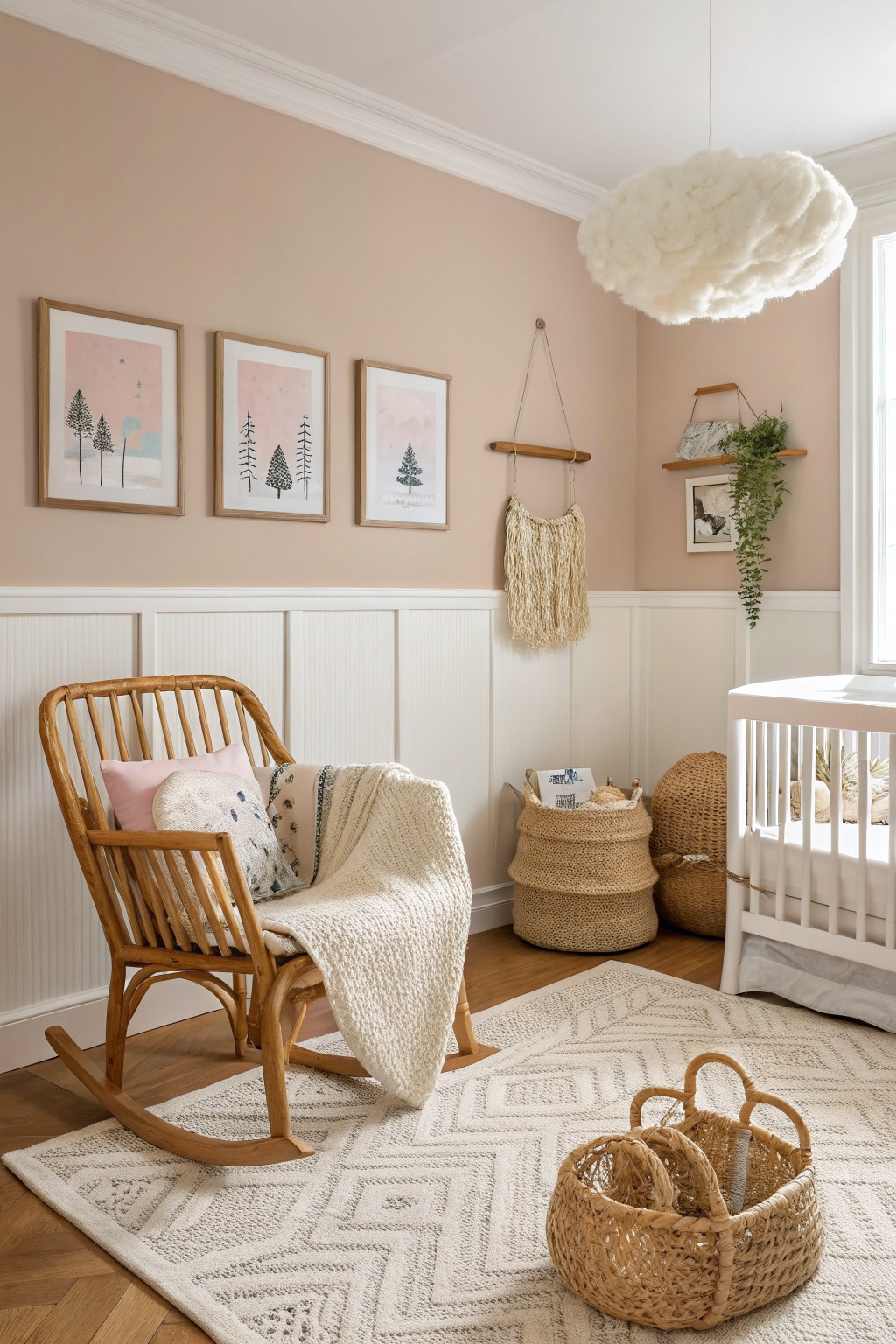 Nursery room with soft greige walls, rattan rocking chair draped in blankets, crib, woven baskets, and tree art prints