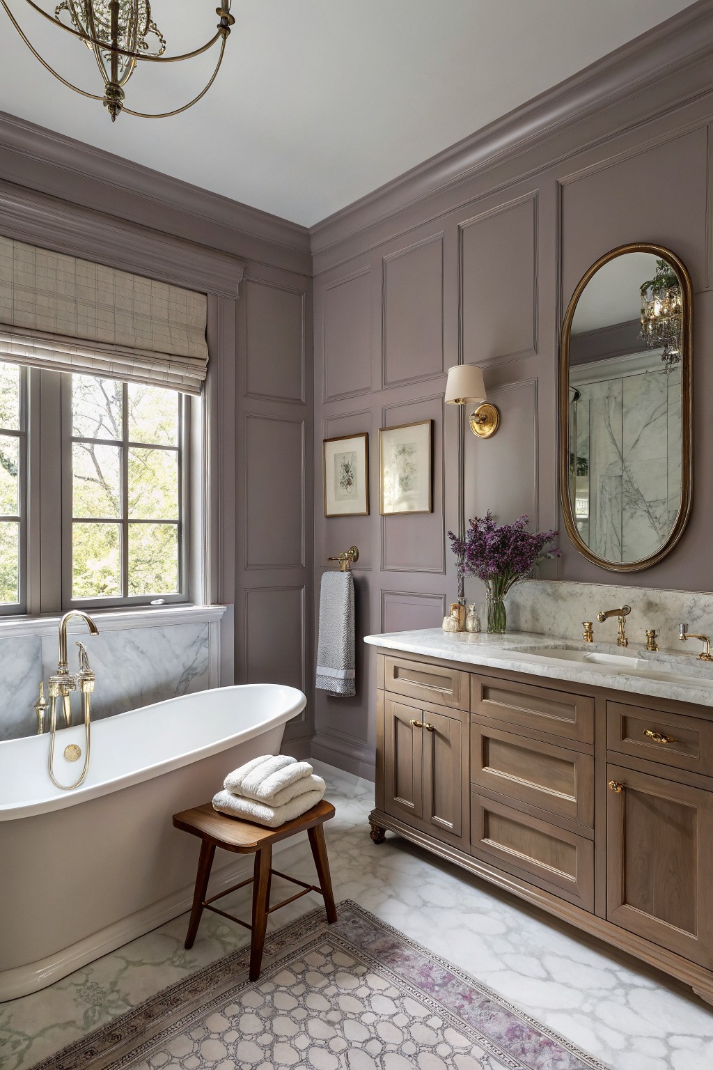 Elegant traditional bathroom with soft mauve paneled walls, freestanding white tub on marble floor, wood vanity with gold hardware, oval mirror, and purple flowers