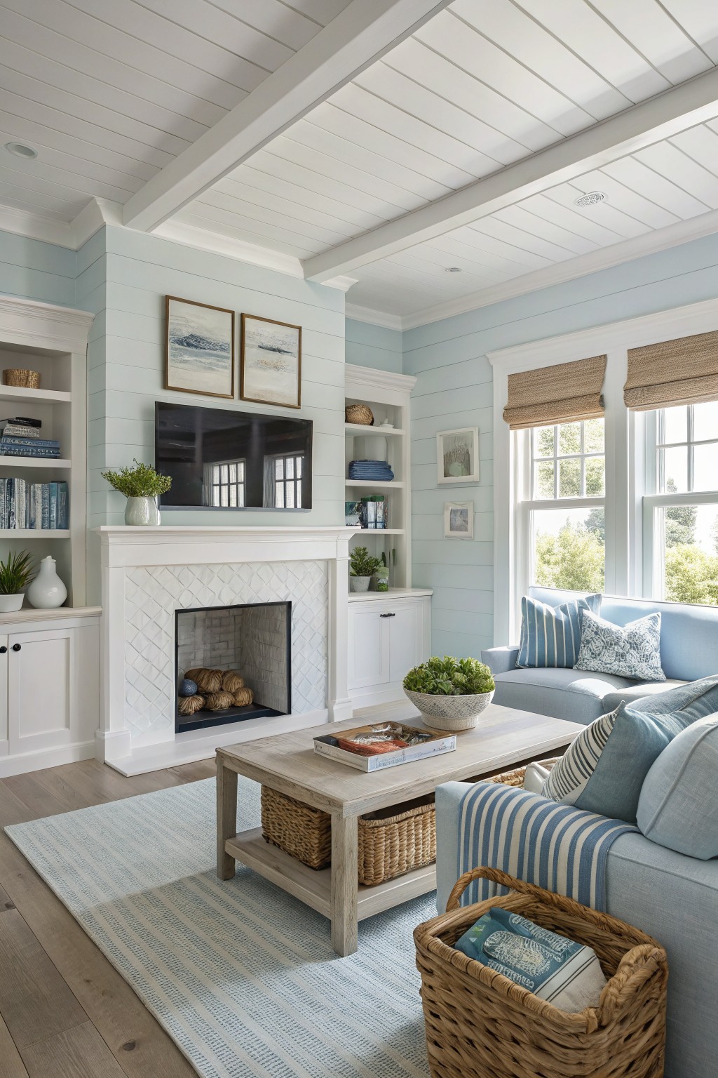 Cozy living room featuring soft pale blue shiplap walls, white beamed ceiling, herringbone fireplace, and casual blue furniture on wood floors