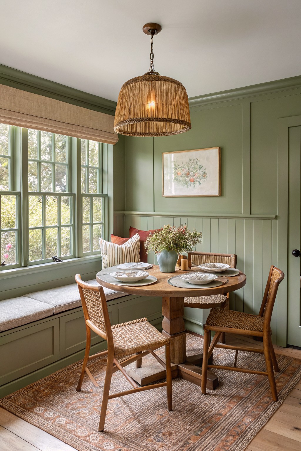 Sage green paneled walls in a cozy windowed dining nook with wood table, rattan chairs, and bench seating