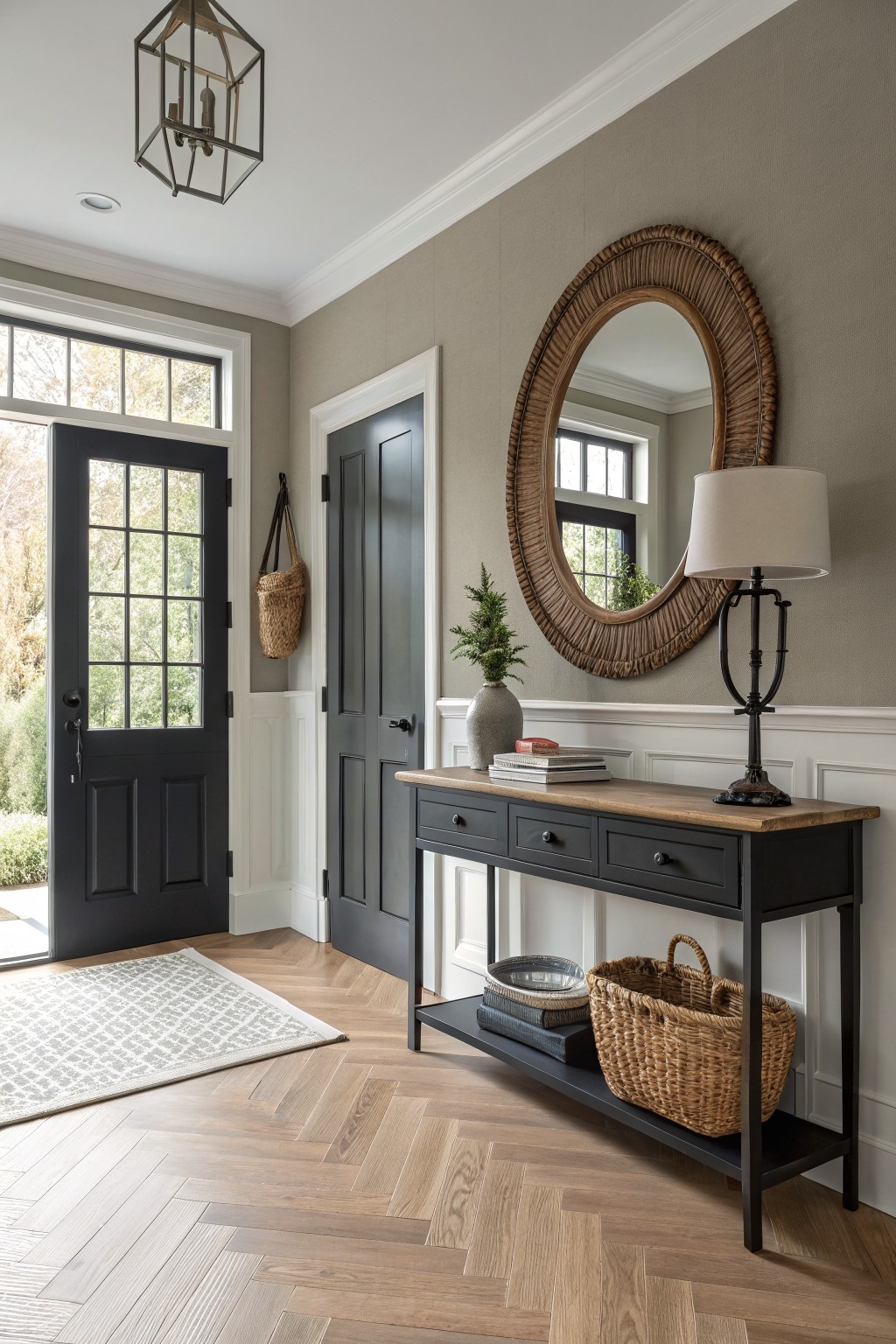 Cozy entryway featuring warm greige walls, black front and interior doors, wooden console table with baskets and lamp, large rattan mirror, and herringbone oak floors.