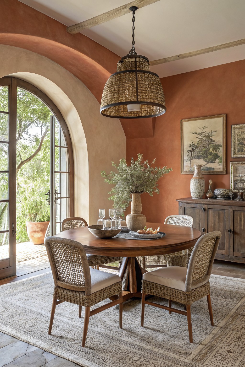 Warm terracotta walls curve around a rattan dining set with wood accents and open doors to greenery