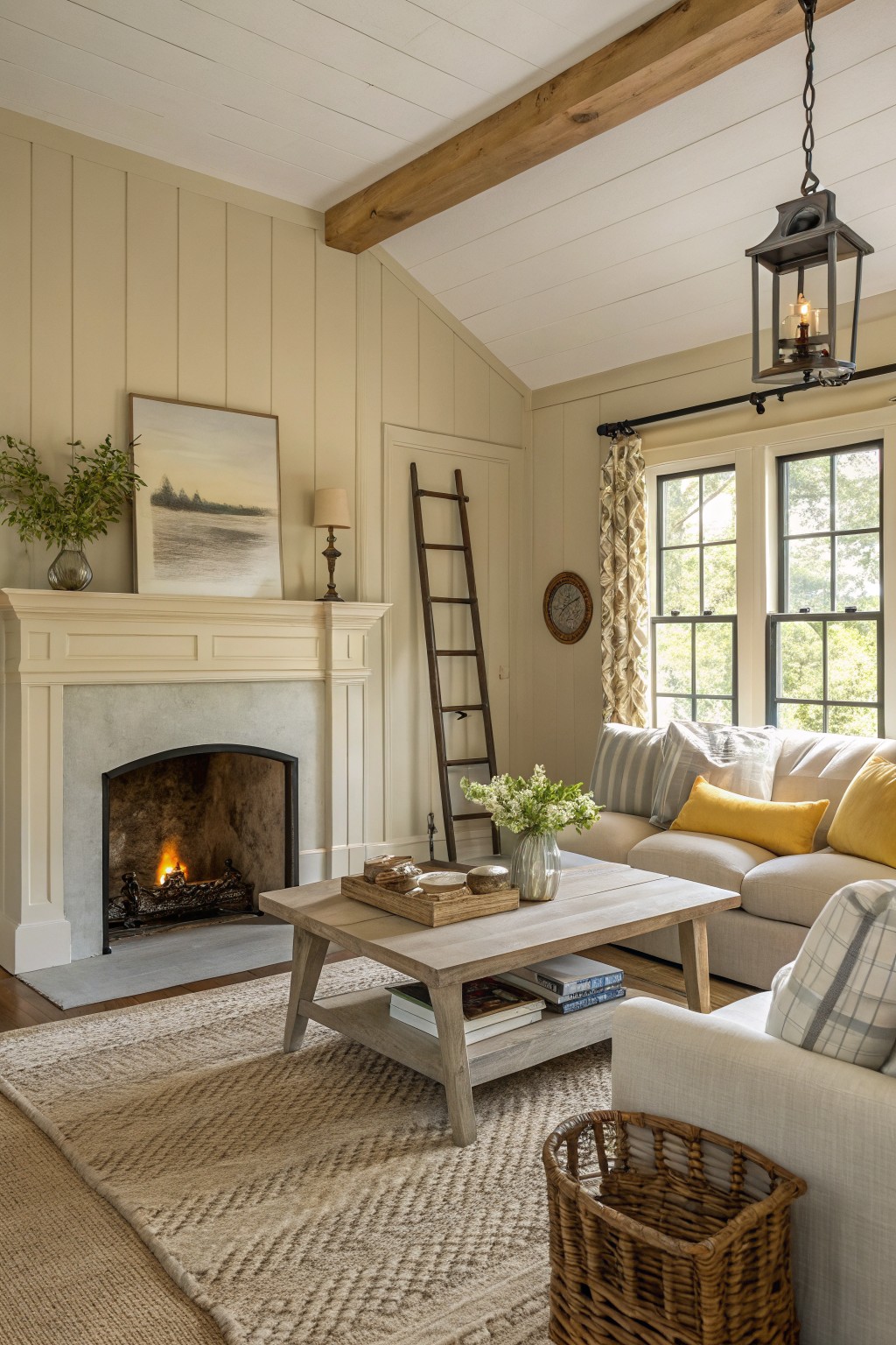 Cozy living room featuring creamy beige board-and-batten walls, exposed wood beams, white fireplace with fire, beige sofa with yellow pillows, wood coffee table, and large windows with cream curtains
