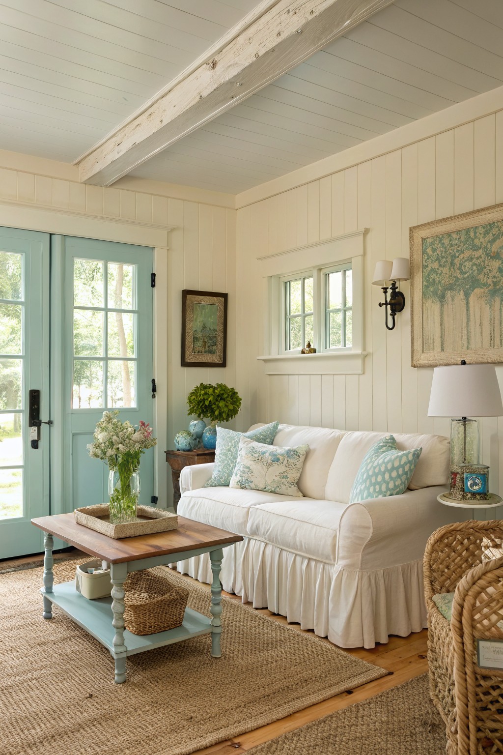 Living room with creamy white shiplap walls, blue French doors, white slipcovered sofa, and natural wood accents