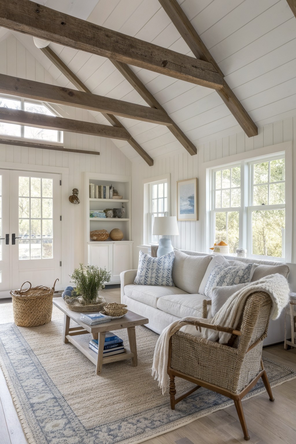 Cozy living room with crisp white shiplap walls and ceiling, exposed wood beams, gray sofa with blue pillows, wicker chair, wood coffee table, and large windows with natural light