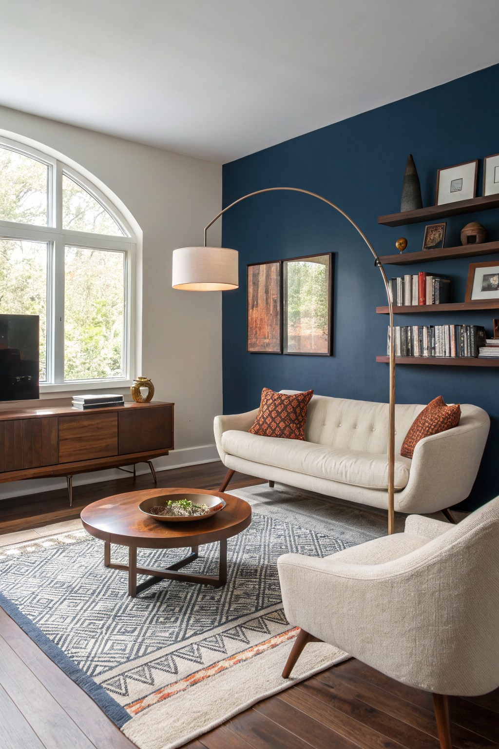 Cozy living room featuring a deep navy accent wall with arched window, cream sofa, wood media console, and orange pillows