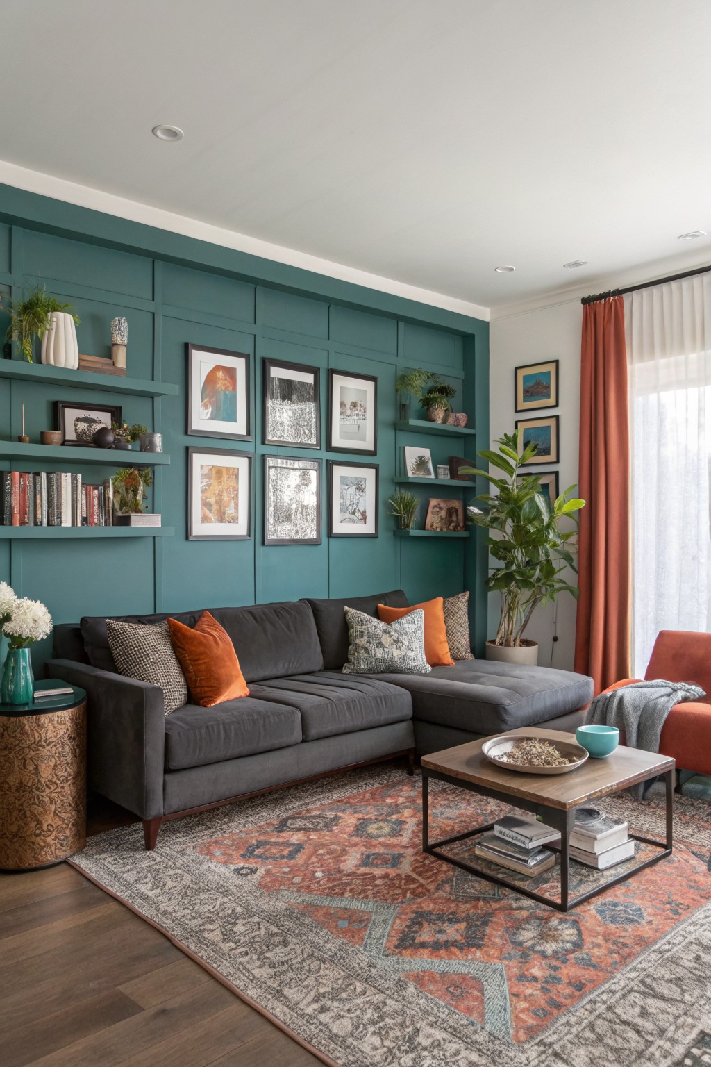 Cozy living room with deep teal board-and-batten accent wall lined with shelves and art, gray L-shaped sofa with orange pillows, wood side table, and rust-toned rug on hardwood floors