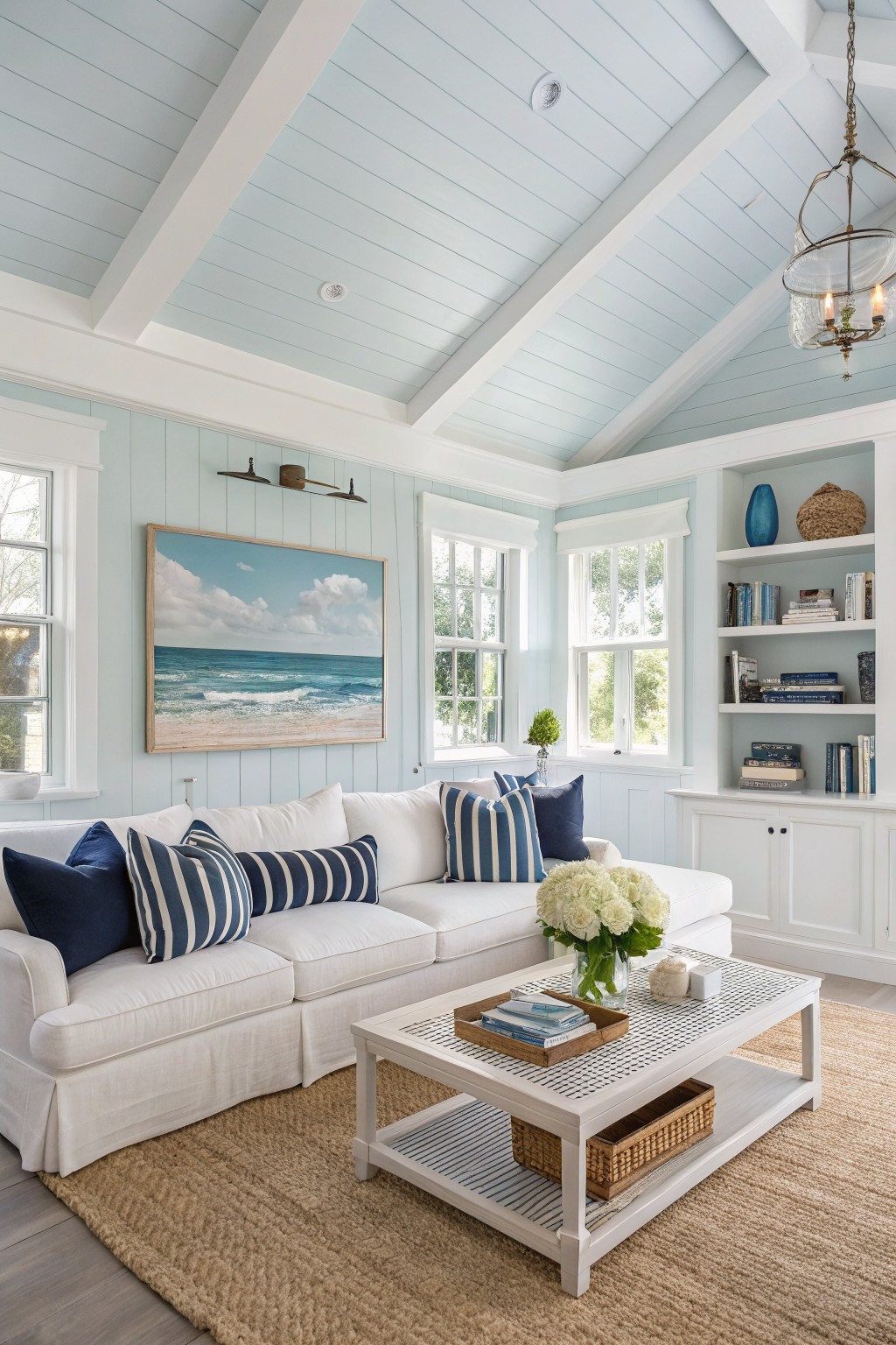 Coastal living room with pale blue shiplap walls, white sofa, navy pillows, and ocean art