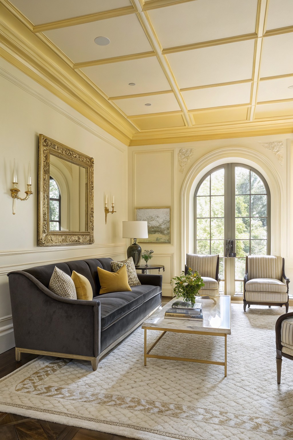 Living room with pale yellow walls and ceiling beams, gray velvet sofa, gold mirror, and arched doors to outdoors