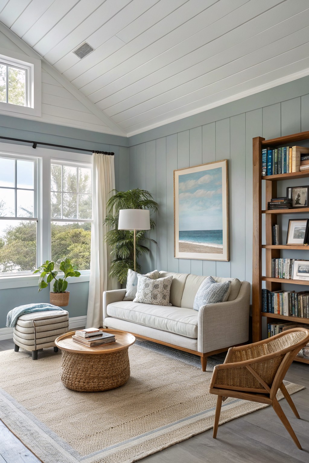 Cozy living room featuring soft blue shiplap walls, a cream sofa, wood bookshelves, potted plants, and large windows with ocean views