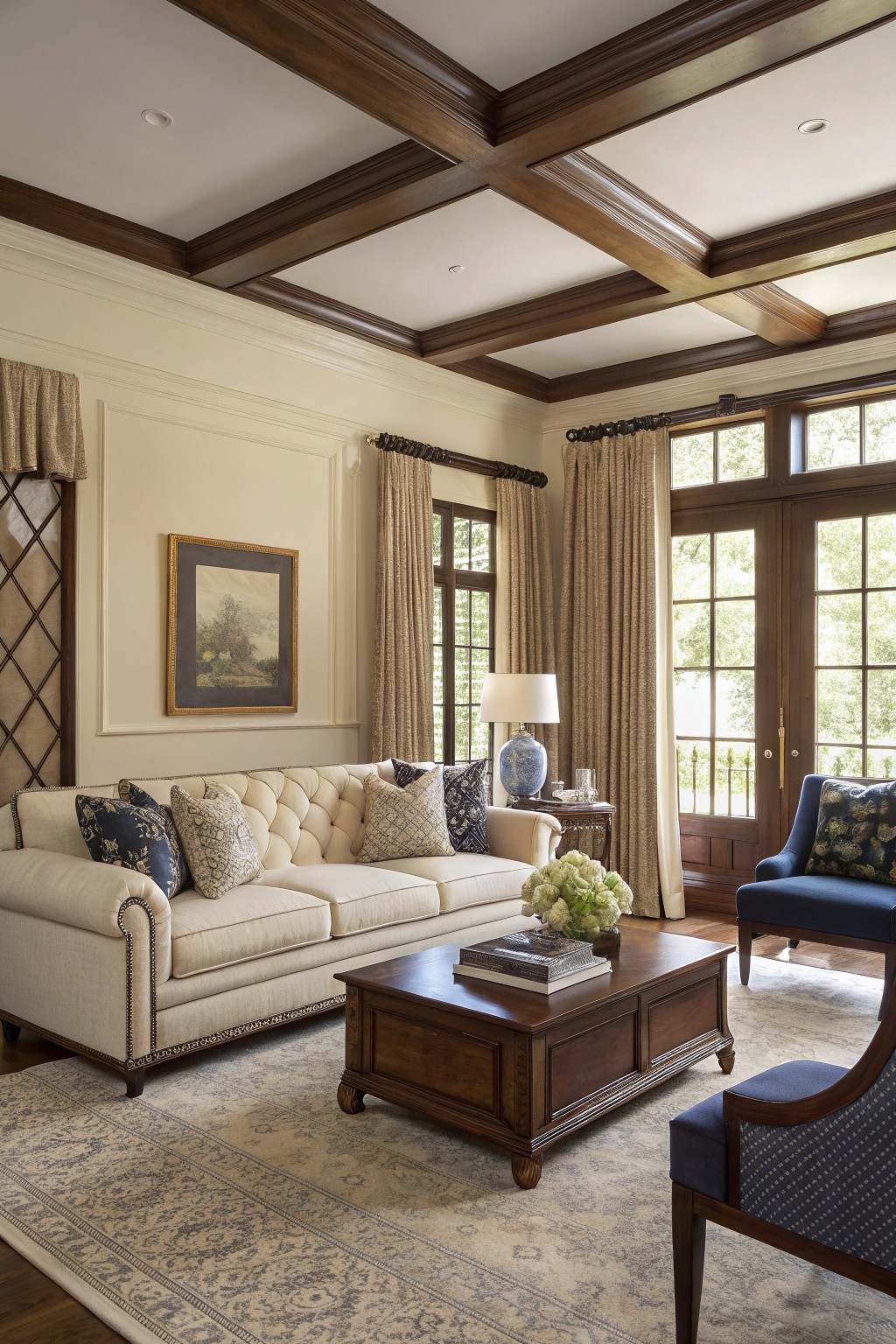 Living room featuring soft cream walls with exposed wood beams, cream sofa, and neutral accents