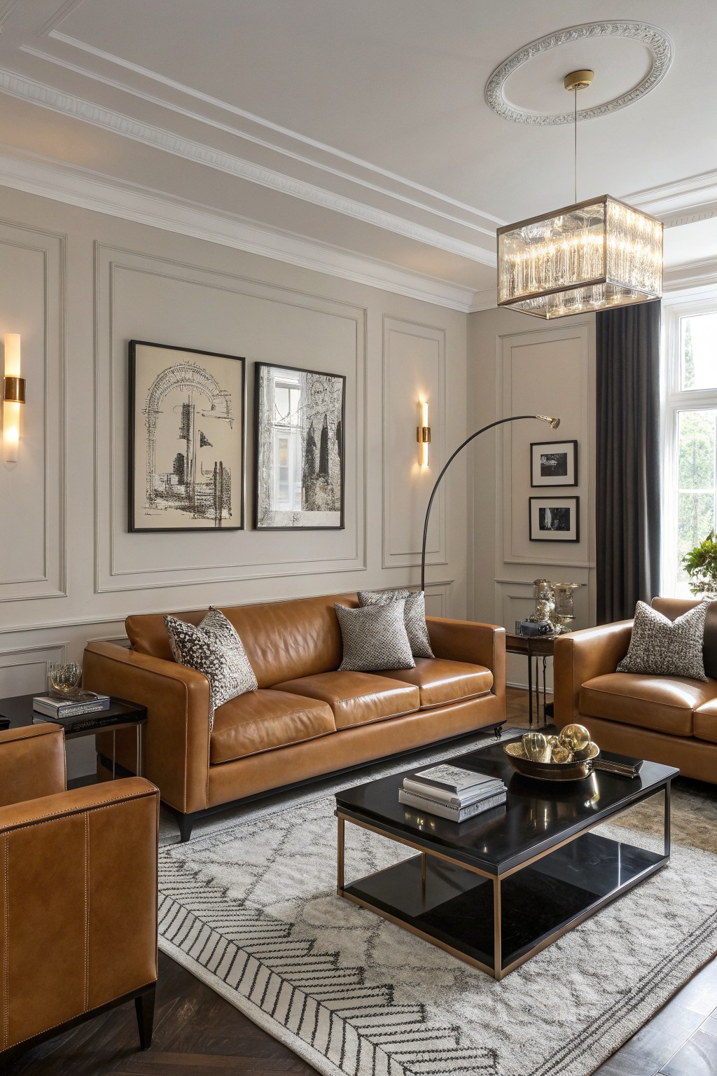 Living room with soft greige paneled walls, tan leather sofas, black coffee table on white rug, brass lighting and artwork