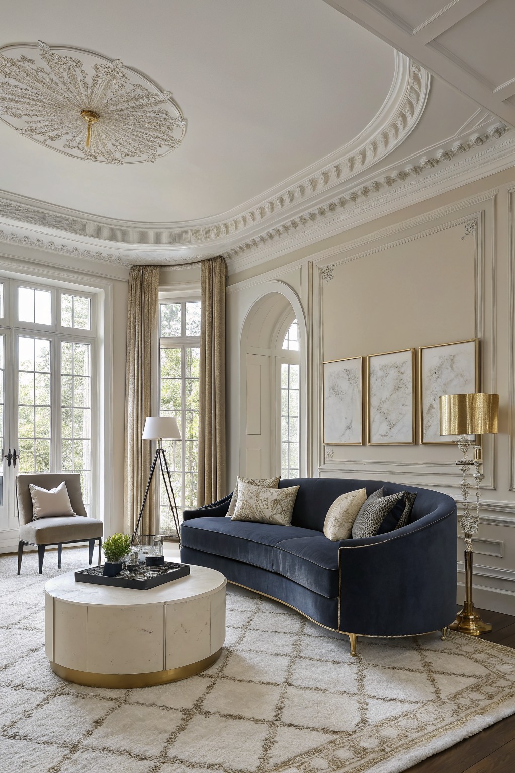 Elegant living room featuring soft greige walls, ornate white moldings, navy curved velvet sofa, white marble coffee table with gold base, gold lamps, beige drapes on large windows, and a white rug.