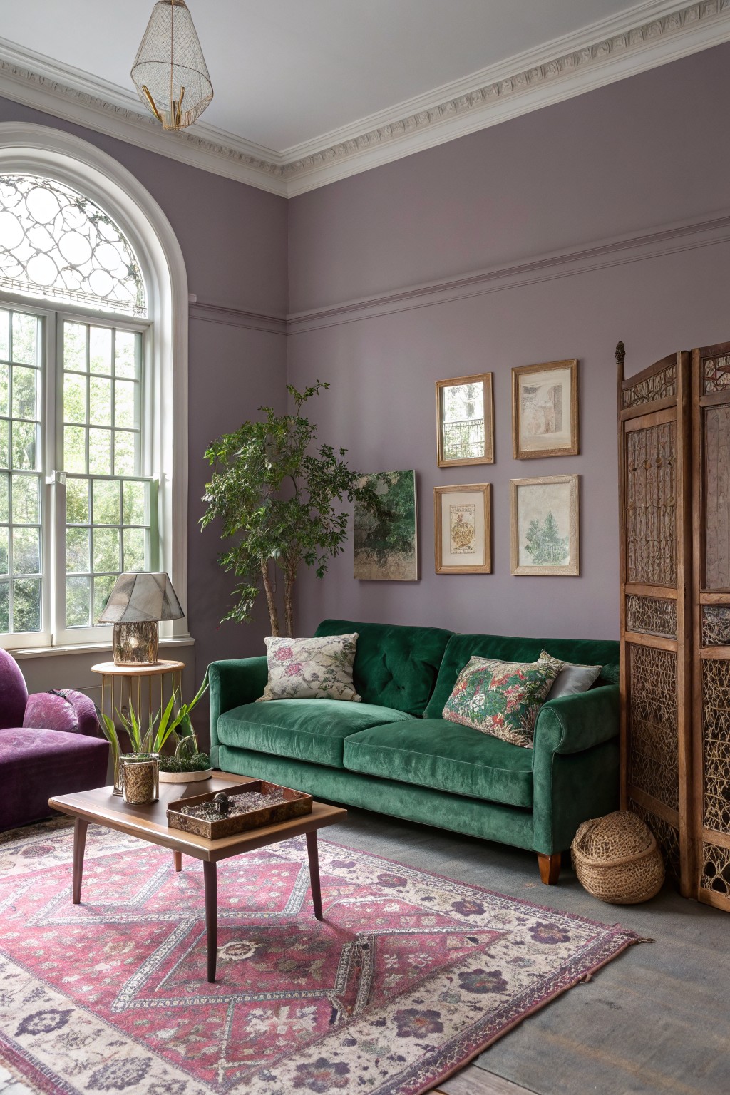 Living room with soft mauve walls, emerald green velvet sofa, wood accents, and large window letting in natural light