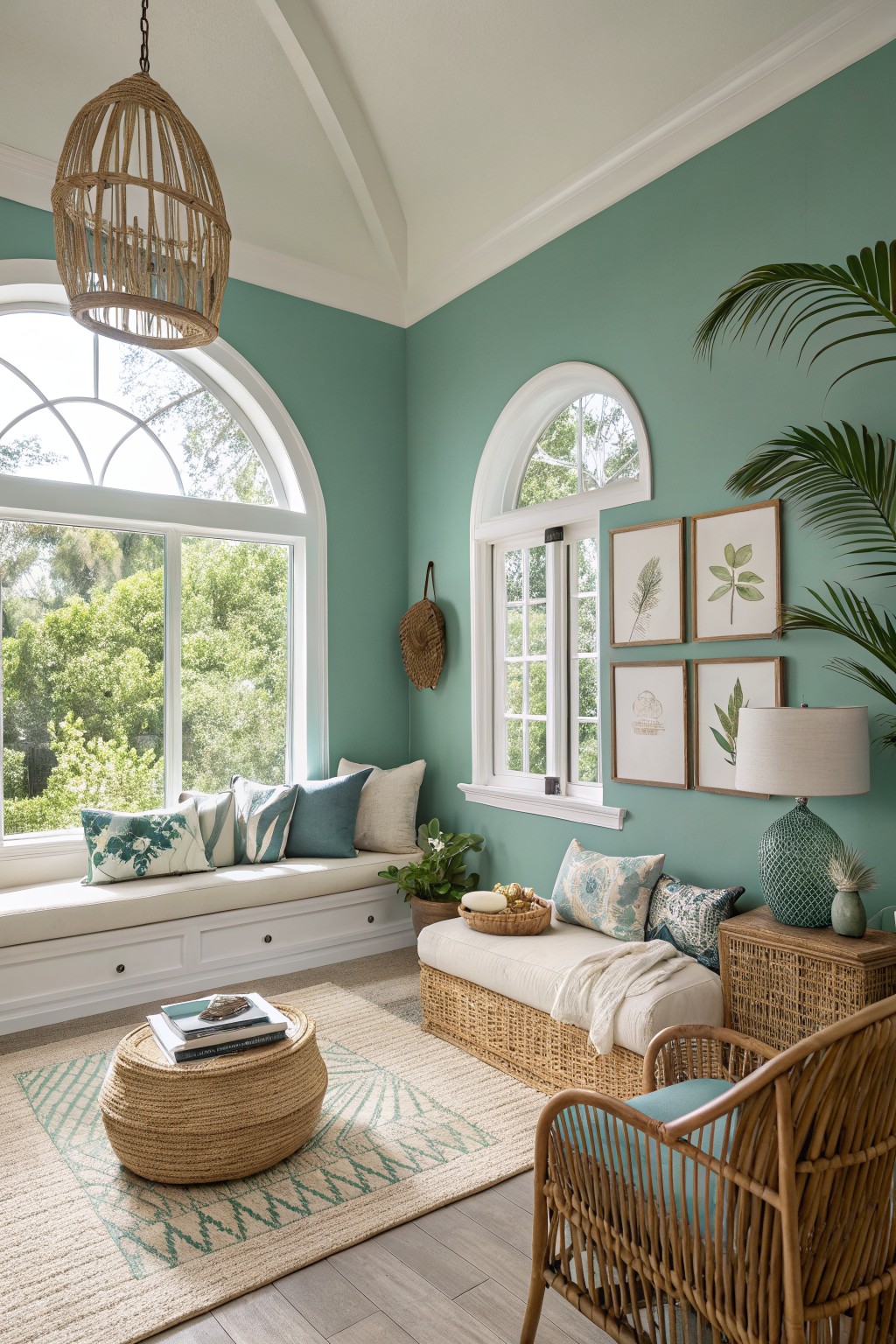 Sunny living room nook with pale mint green walls, white arched windows, rattan furniture, woven baskets, and potted plants