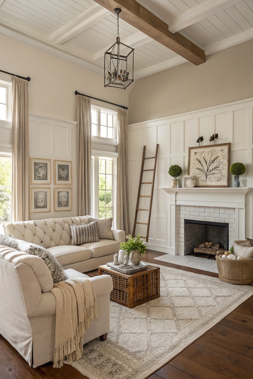 Living room with warm beige walls, white shiplap trim, exposed wood beams, tufted cream sofa, ladder against fireplace, and woven accents