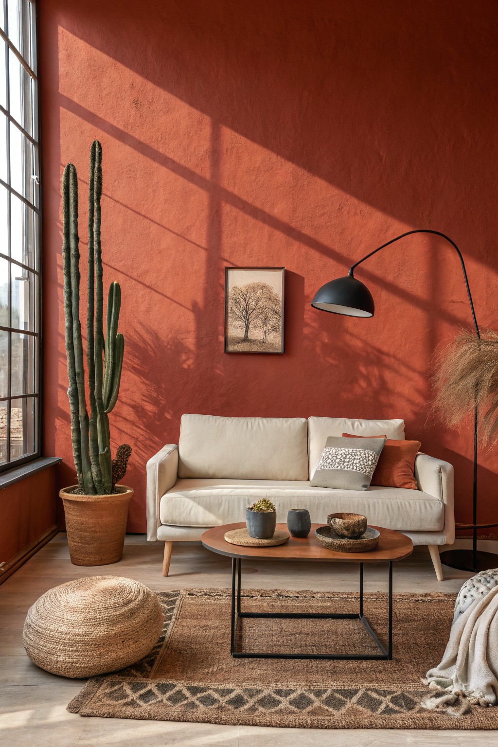 Living room with warm terracotta walls, cream sofa, tall potted cactus, black floor lamp, and woven rug in earthy tones