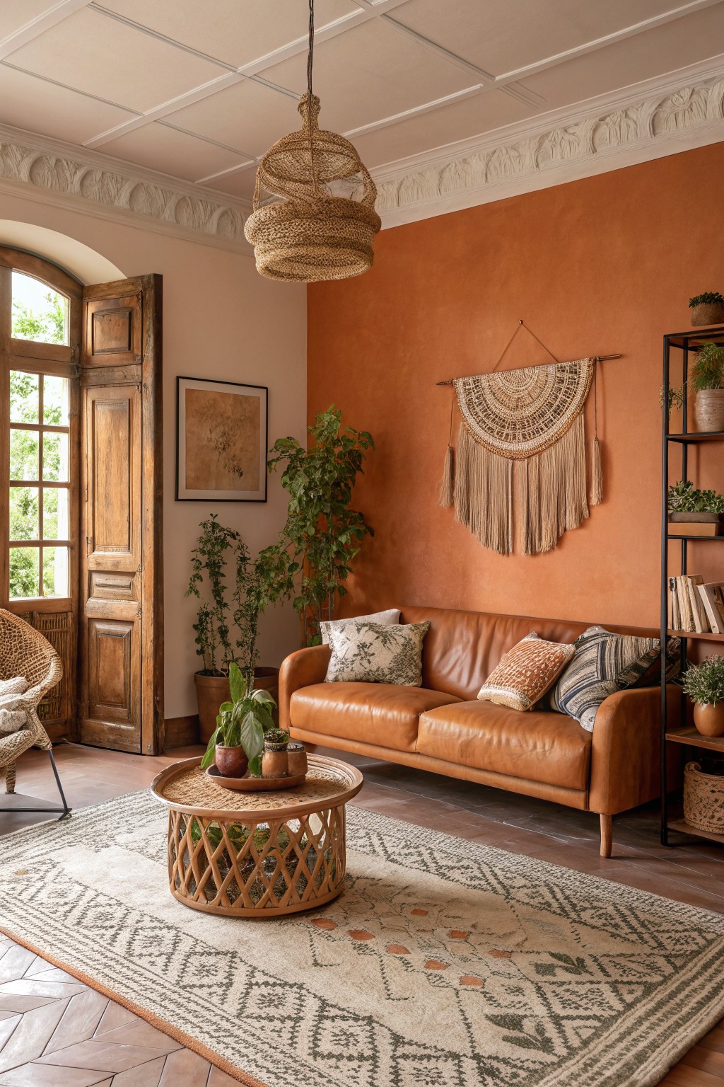 Cozy living room featuring warm terracotta walls accented by a tan leather sofa, rattan chair and coffee table, woven wall hanging, plants, and wooden arched door in soft natural light