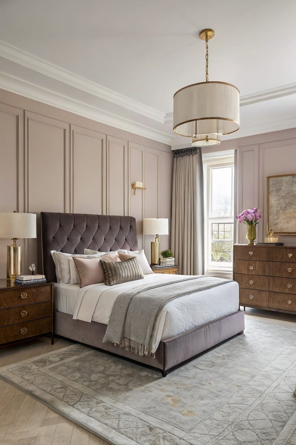 Bedroom with blush greige paneled walls, dark tufted upholstered bed, matching wood nightstands and dresser, beige rug, and window with sheer drapes